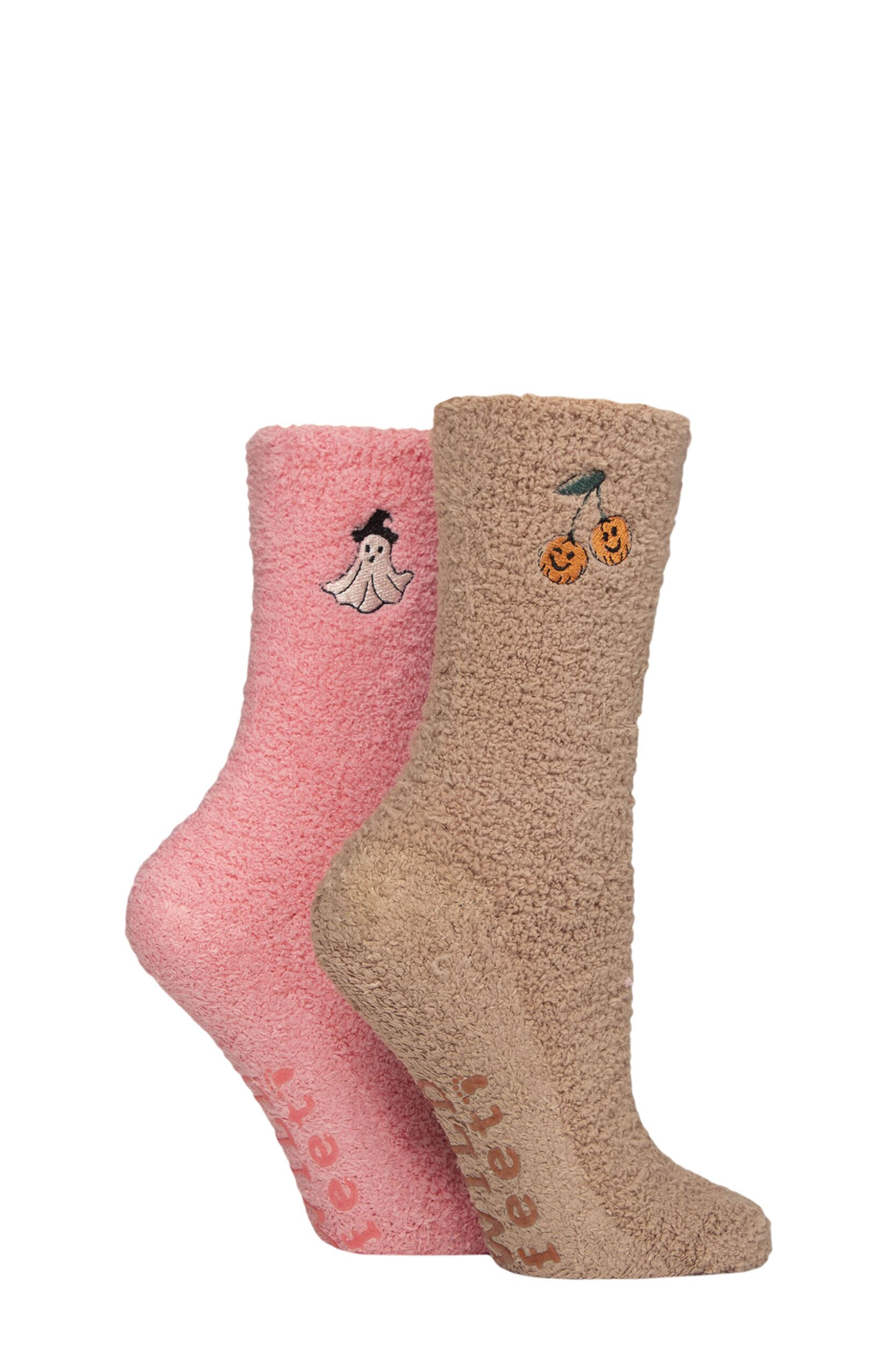 Women's 2 Pair SOCKSHOP Wildfeet Embroidered Cosy Lounge Socks Pumpkins / Ghost 4-8