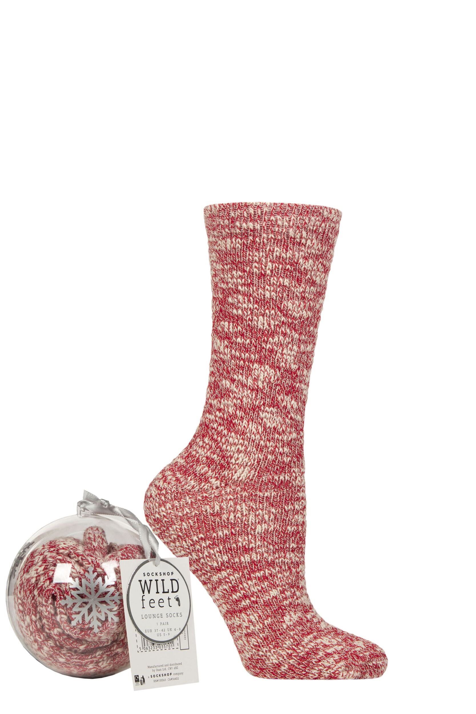 Women's 1 Pair SOCKSHOP Wildfeet Snowflake Gift Boxed Bauble Lounge Socks Red 4-8