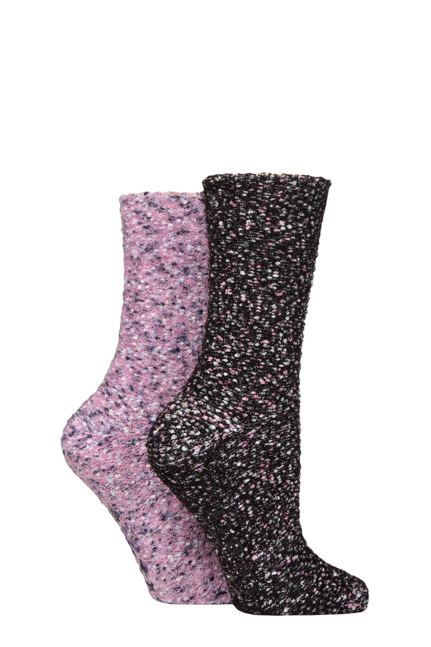 Women's 2 Pair SOCKSHOP Wildfeet Sparkle Popcorn Lounge Socks Black / Pink 4-8