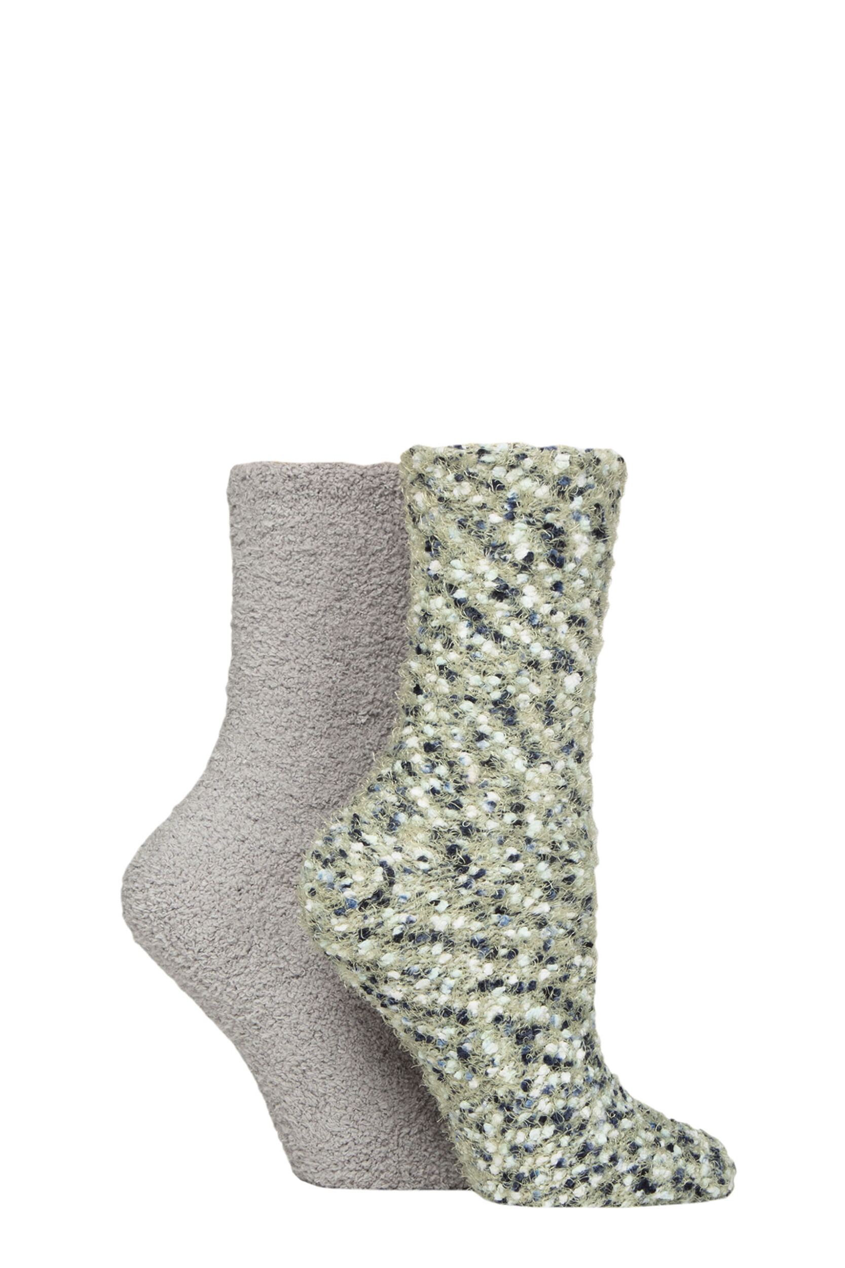 Women's 2 Pair SOCKSHOP Wildfeet Popcorn Cosy Lounge Socks Green / Grey 4-8