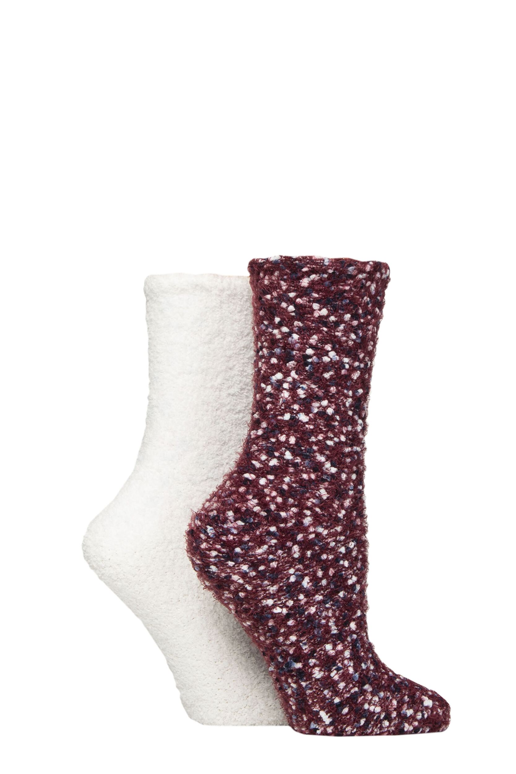 Women's 2 Pair SOCKSHOP Wildfeet Popcorn Cosy Lounge Socks Wine / Snow 4-8