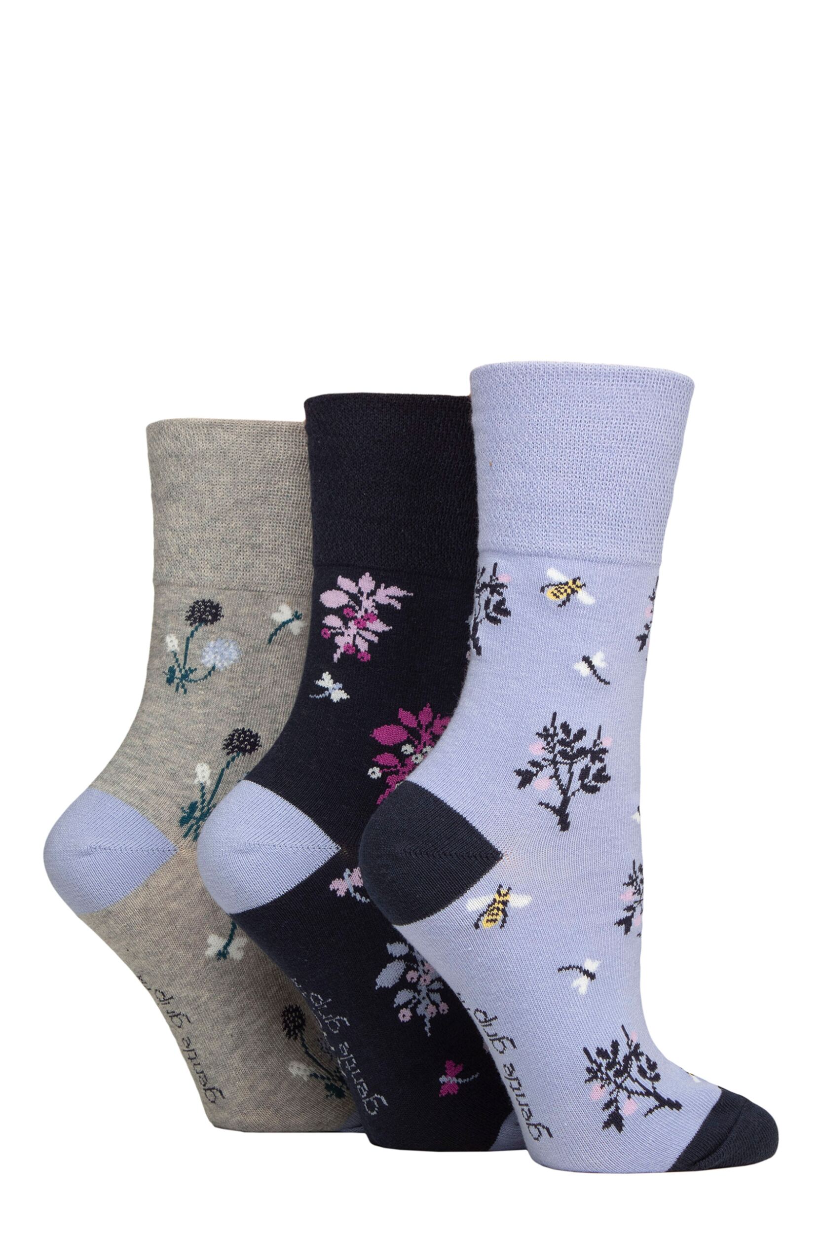Women's 3 Pair Gentle Grip RHS Royal Horticultural Society Patterned Cotton Socks Floral / Insect 4-8