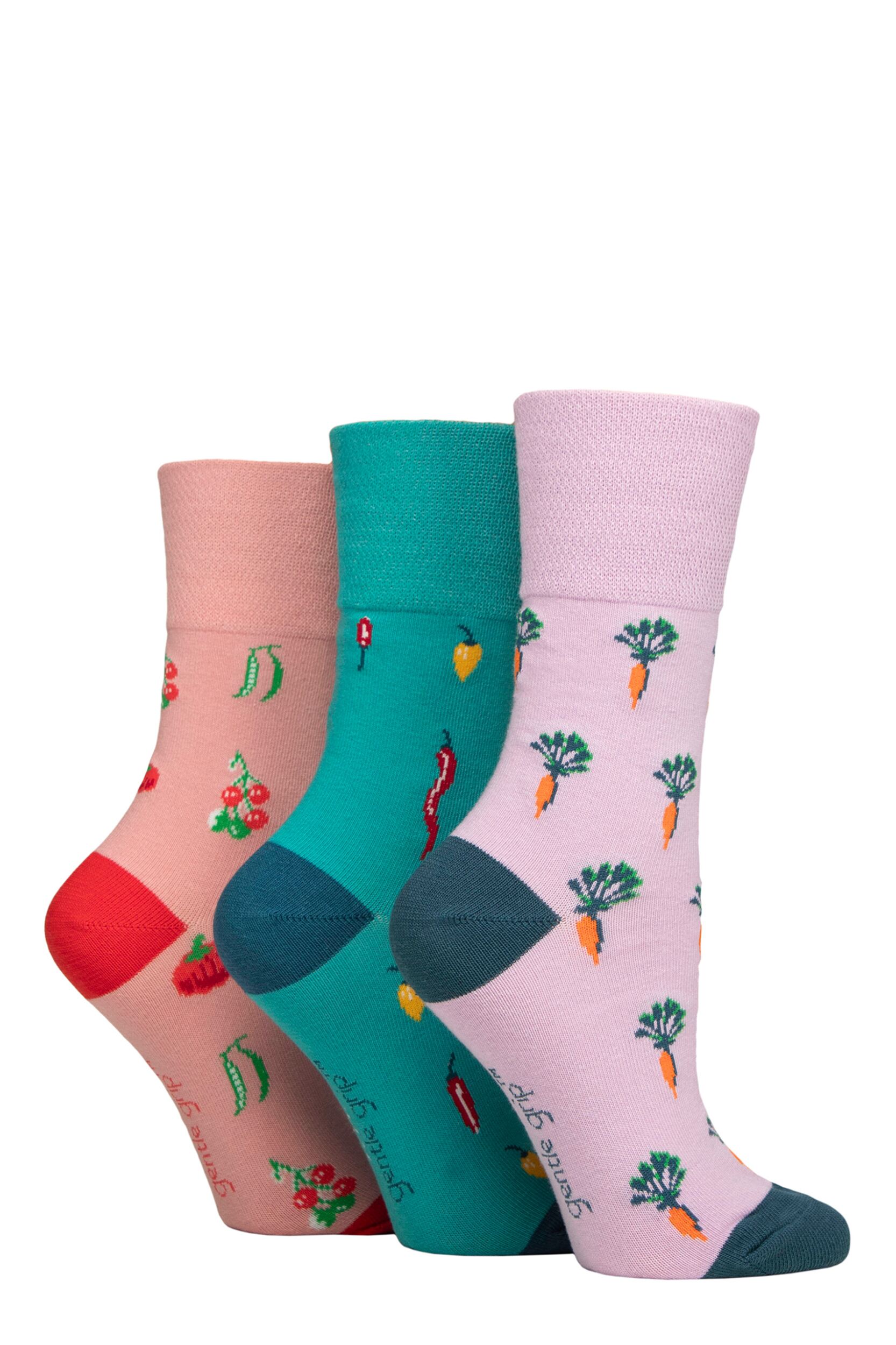 Women's 3 Pair Gentle Grip RHS Royal Horticultural Society Patterned Cotton Socks Vegetables 4-8