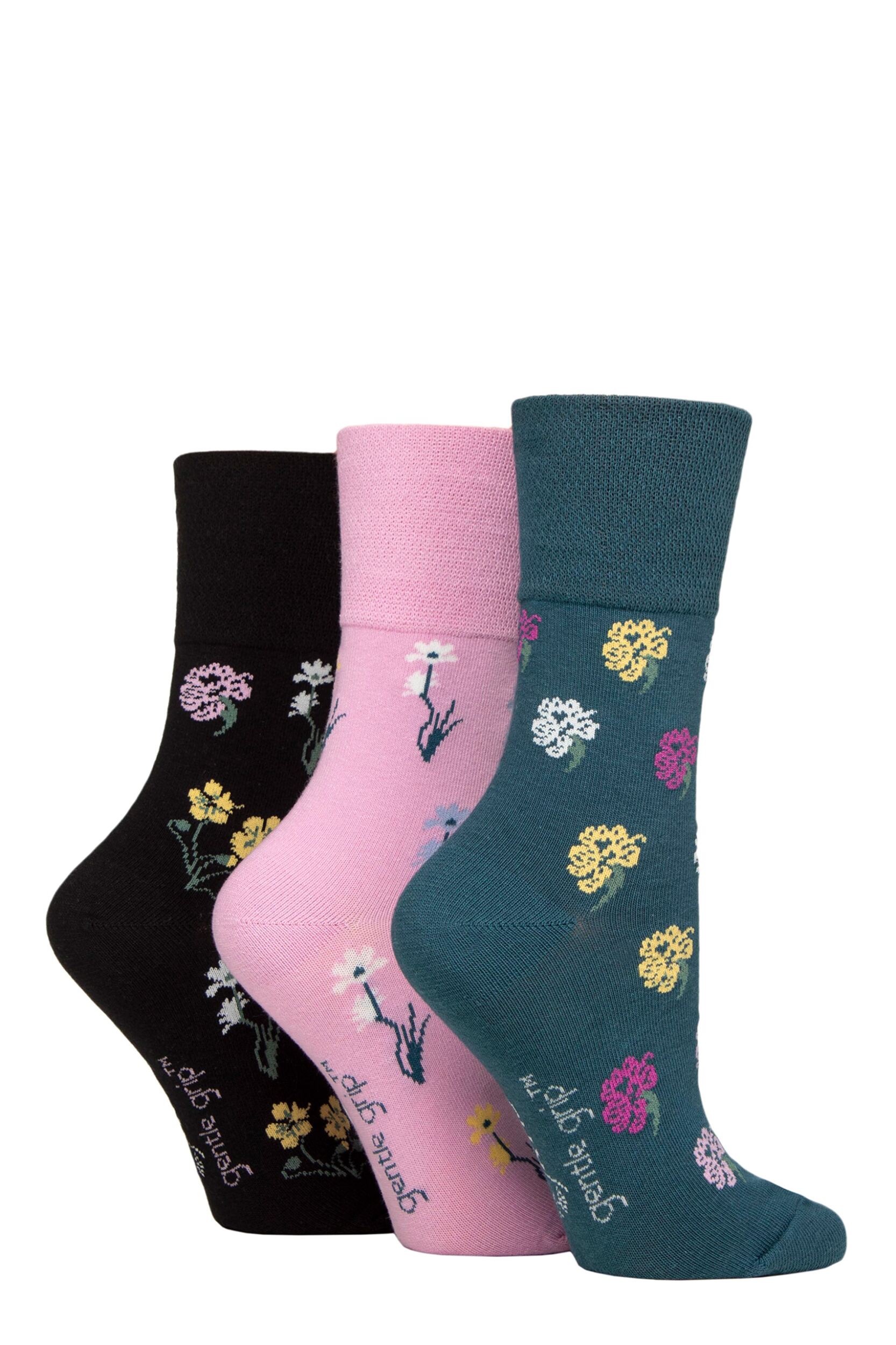 Women's 3 Pair Gentle Grip RHS Royal Horticultural Society Patterned Cotton Socks Mixed Floral 4-8
