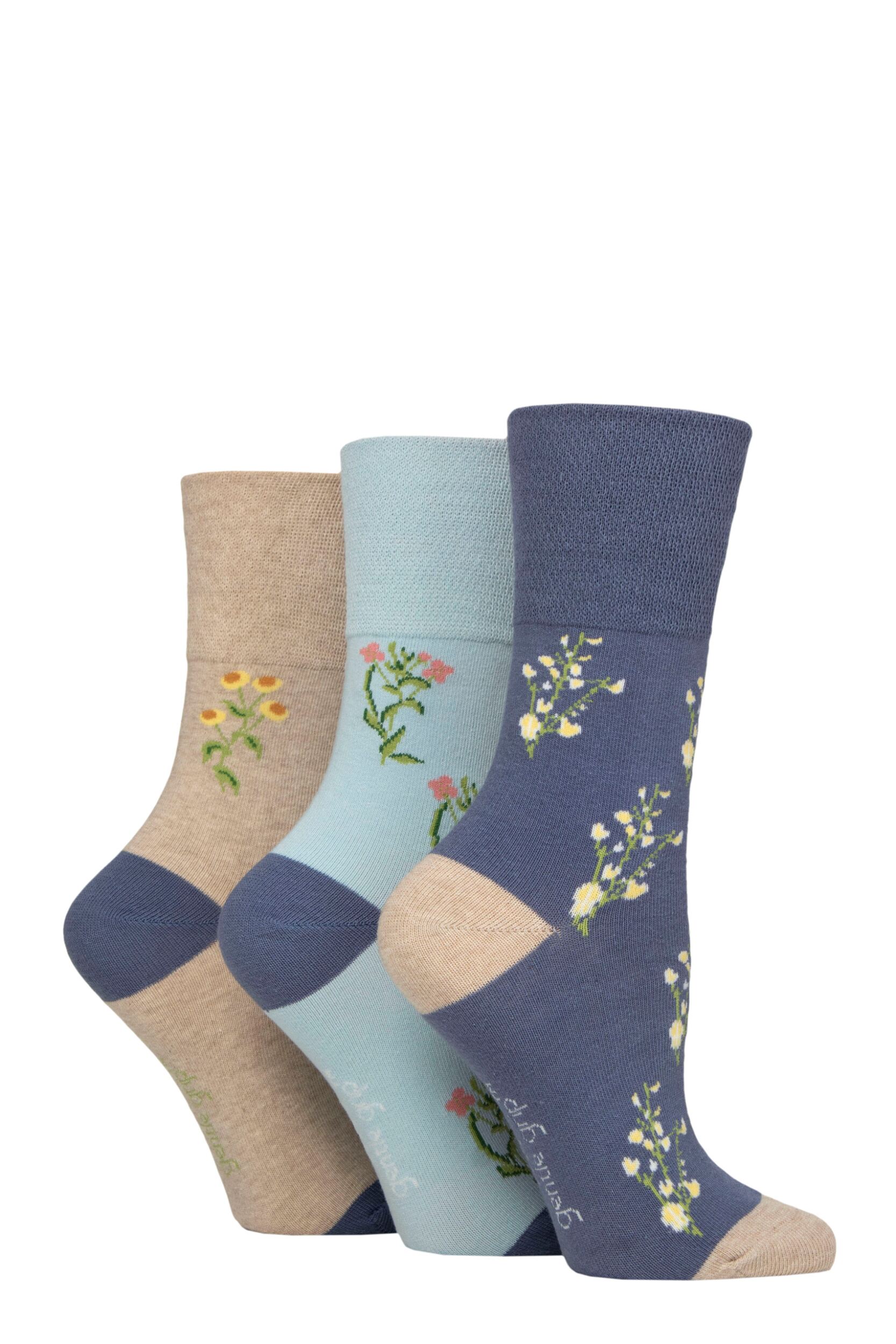 Image of Women's 3 Pair Gentle Grip RHS Royal Horticultural Society Patterned Cotton Socks Floral 4-8