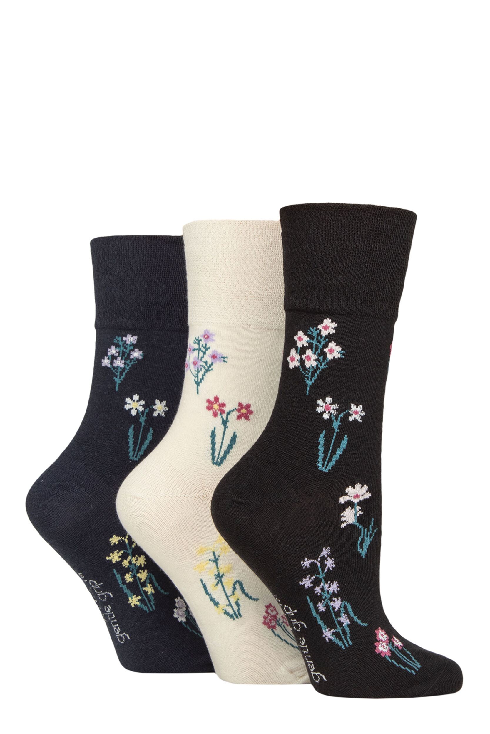 Image of Women's 3 Pair Gentle Grip RHS Royal Horticultural Society Patterned Cotton Socks Wild Flowers 4-8
