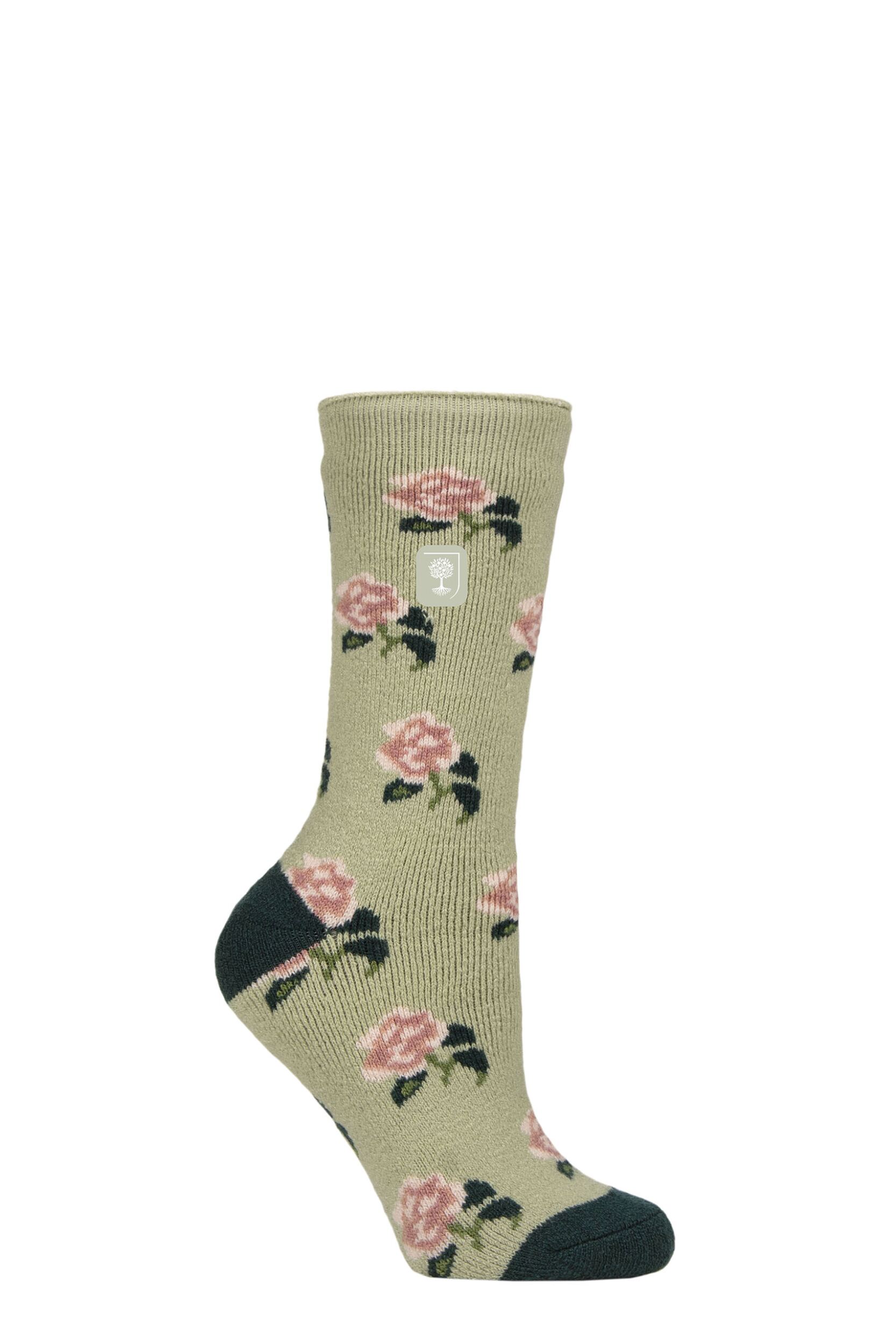 Women's 1 Pair SOCKSHOP Heat Holders 1.6 TOG Lite RHS The Royal Horticultural Society Thermal Socks Roses Sage 4-8