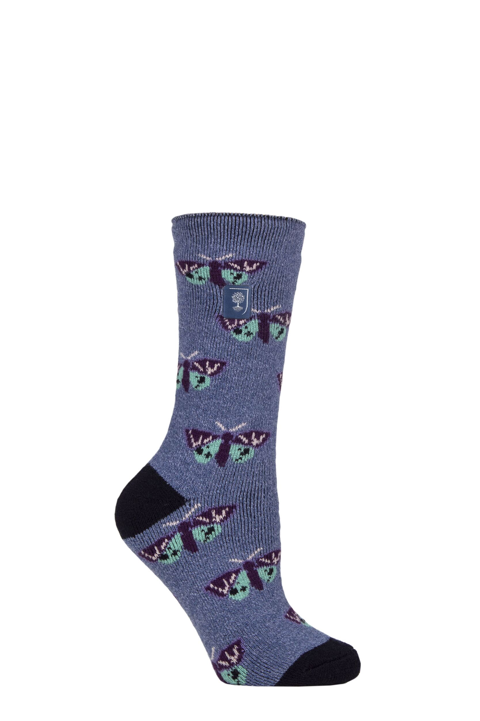 Women's 1 Pair SOCKSHOP Heat Holders 1.6 TOG Lite RHS The Royal Horticultural Society Thermal Socks Butterflies Denim 4-8