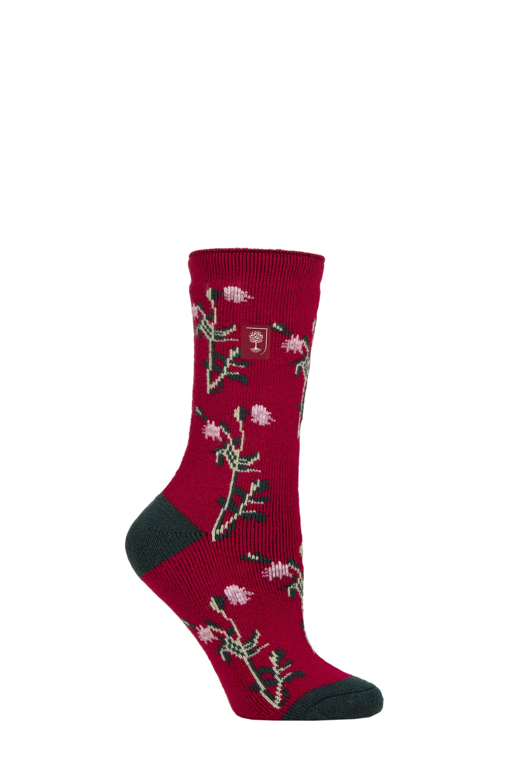 Women's 1 Pair SOCKSHOP Heat Holders 1.6 TOG Lite RHS The Royal Horticultural Society Thermal Socks Floral Cerise 4-8