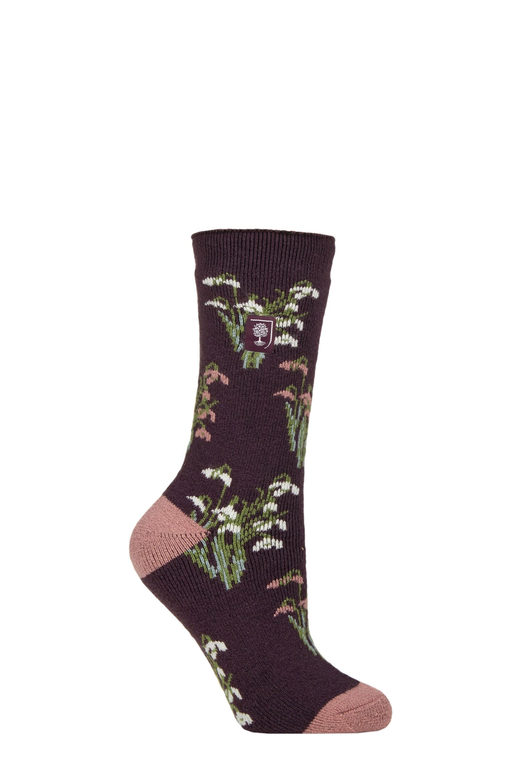 Women's 1 Pair SOCKSHOP Heat Holders 1.6 TOG Lite RHS The Royal Horticultural Society Thermal Socks Snowdrops Mulberry 4-8