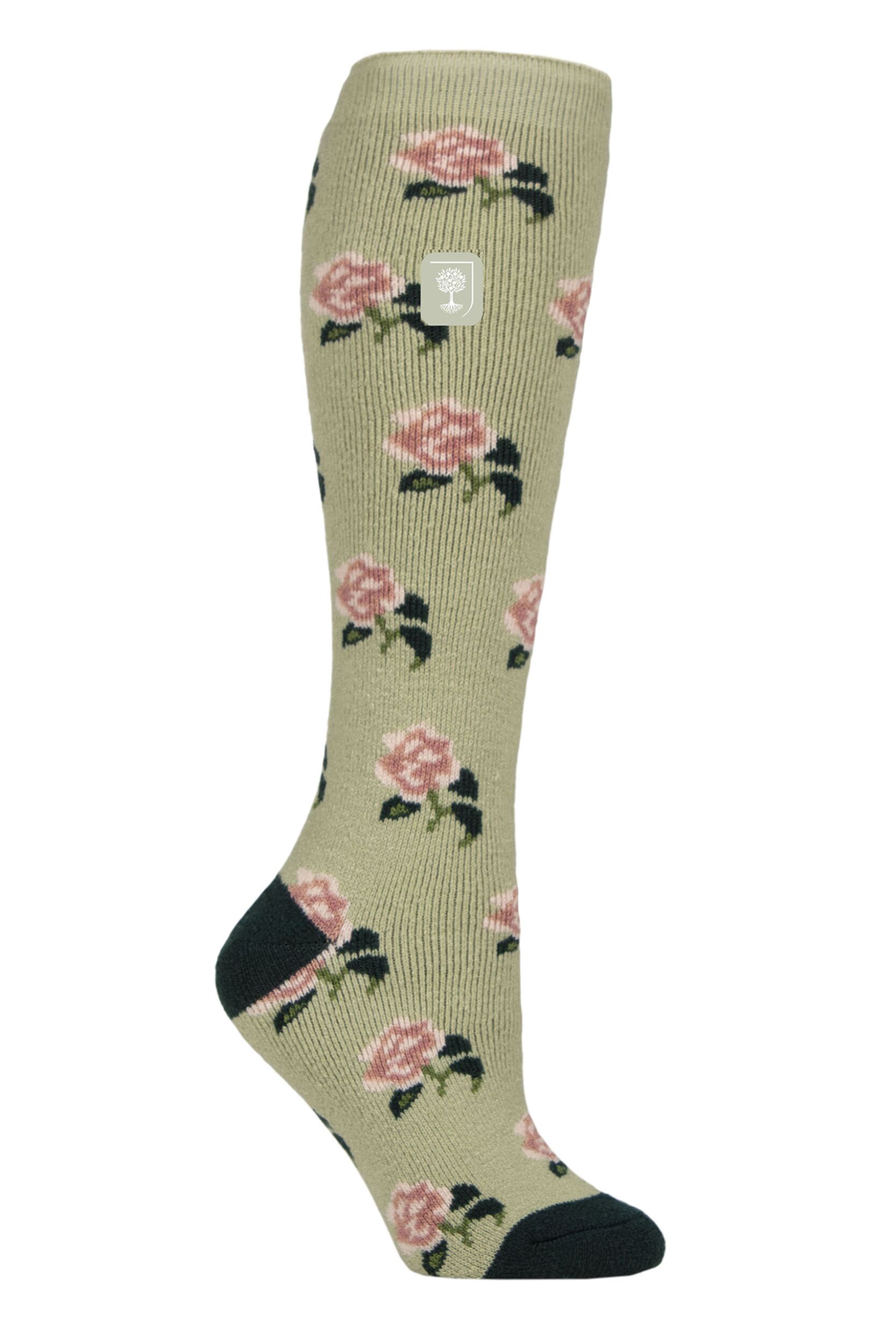 Women's 1 Pair SOCKSHOP Heat Holders 1.6 TOG Lite RHS The Royal Horticultural Society Thermal Wellington Boot Socks Roses Sage 4-8