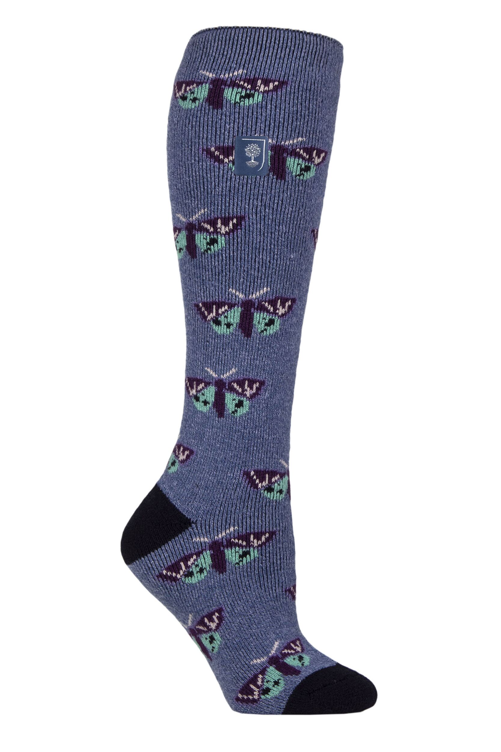 Women's 1 Pair SOCKSHOP Heat Holders 1.6 TOG Lite RHS The Royal Horticultural Society Thermal Wellington Boot Socks Butterflies Denim 4-8