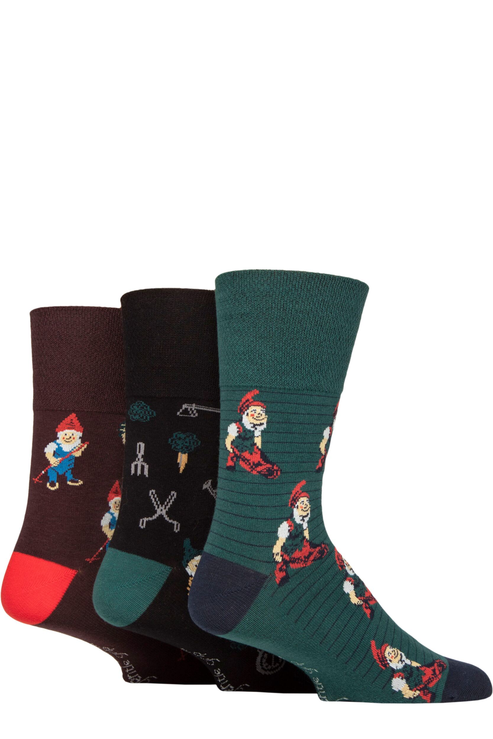 Image of Mens 3 Pair Gentle Grip RHS Royal Horticultural Society Patterned Cotton Socks Gnomes 6-11
