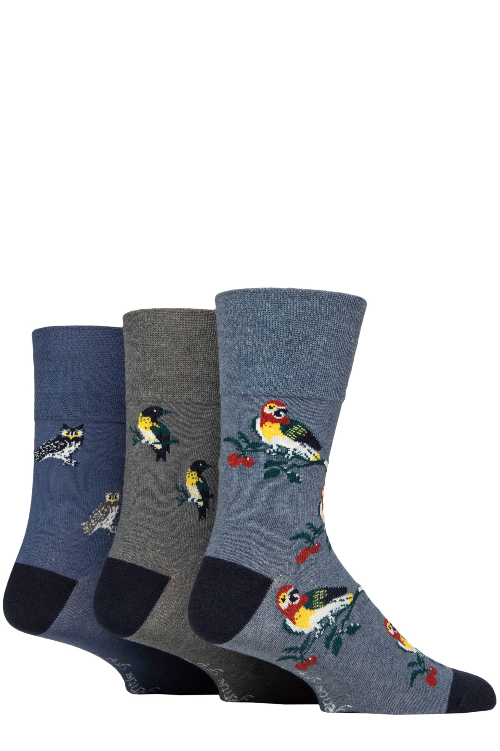 Image of Mens3 Pair Gentle Grip RHS Royal Horticultural Society Patterned Bamboo Socks Birds 6-11