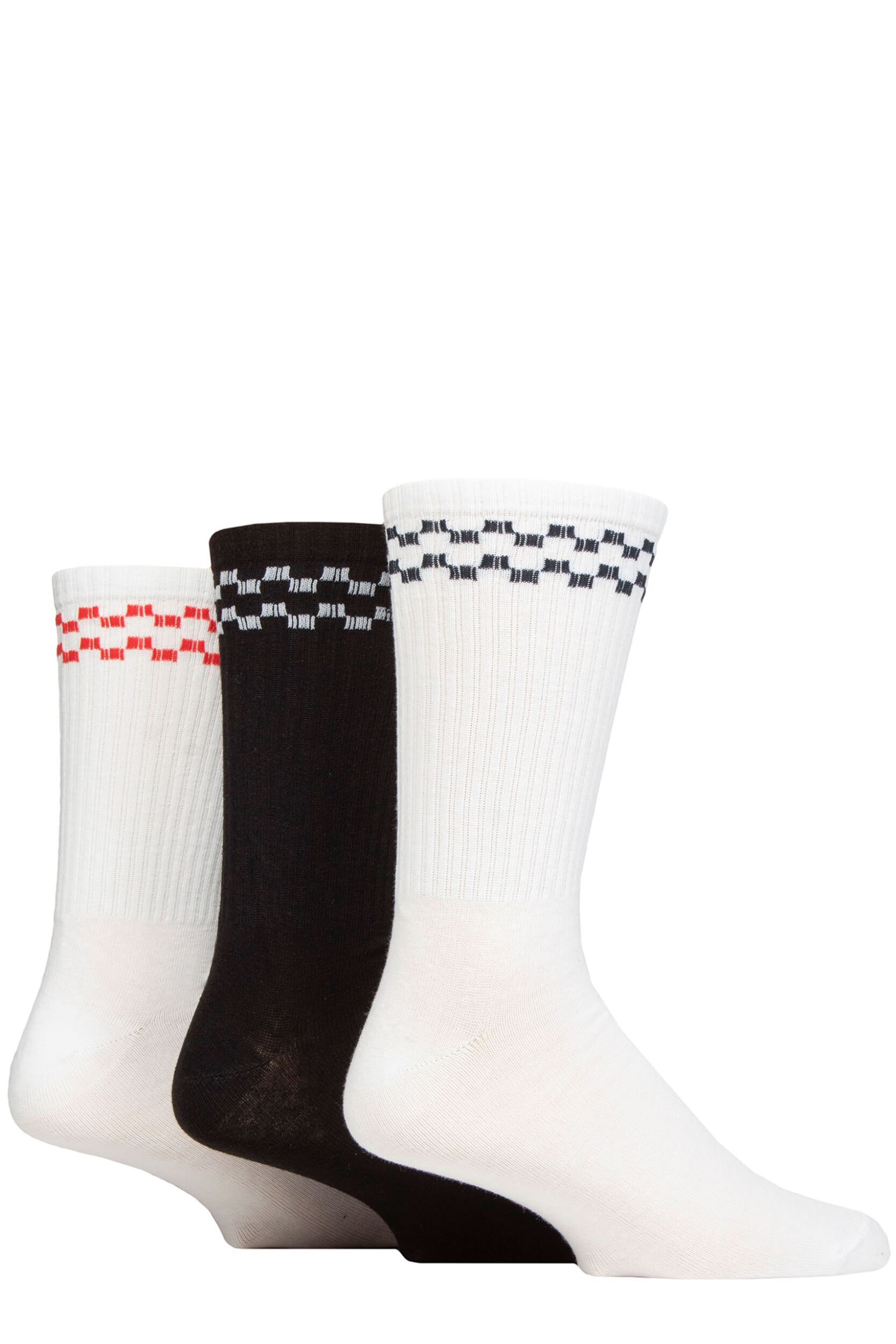 Mens 3 Pair SOCKSHOP Wildfeet Cotton Rich Sports Socks White / Black Checker 7-11