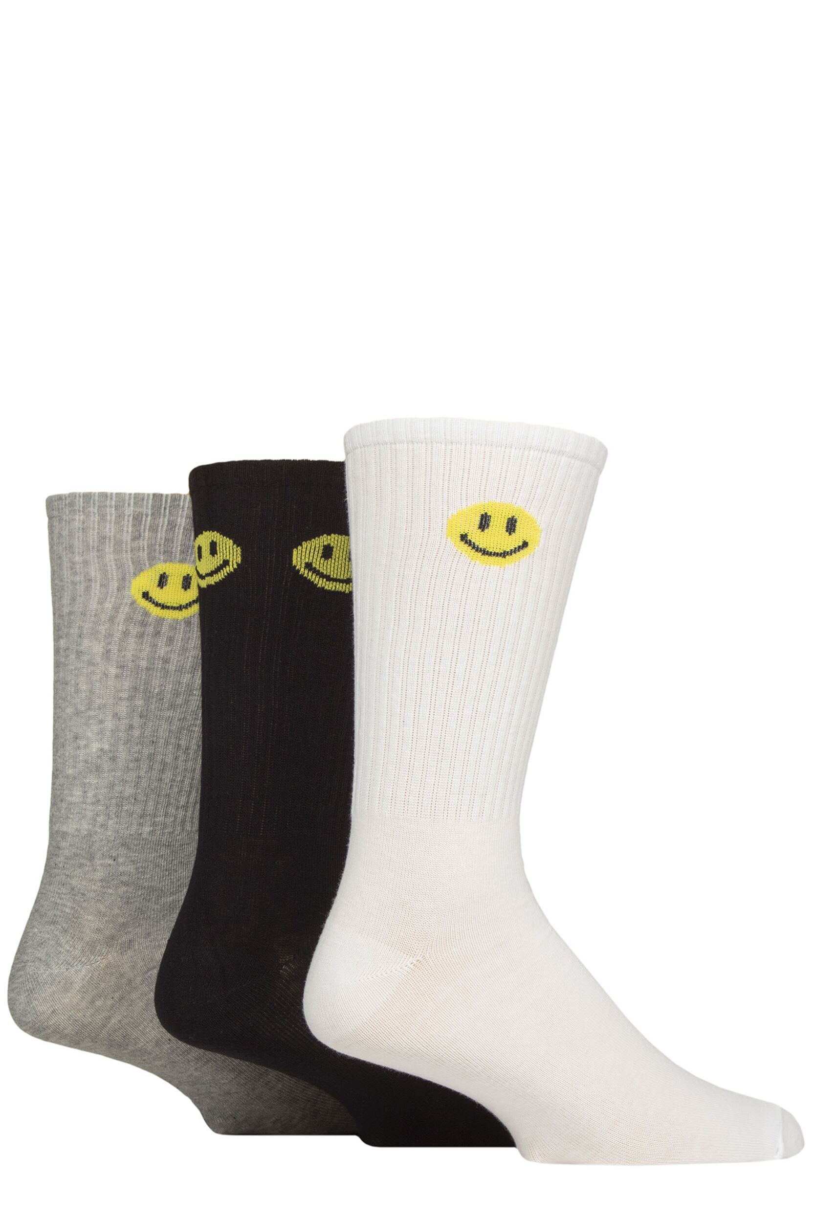 Mens 3 Pair SOCKSHOP Wildfeet Cotton Rich Sports Socks White / Grey / Black Smiley 7-11 Mens