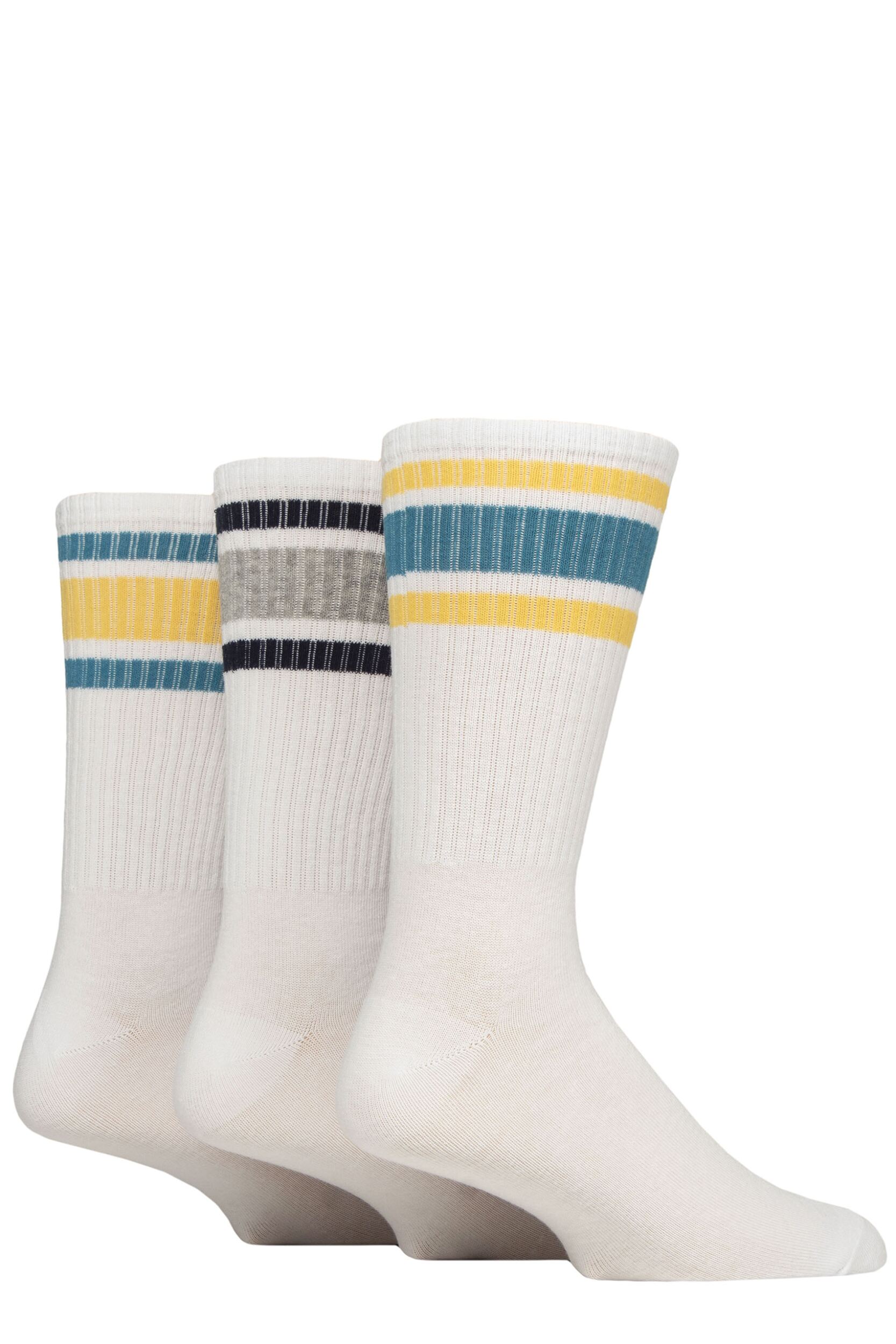 Mens 3 Pair SOCKSHOP Wildfeet Cotton Rich Sports Socks White Teal / Yellow Stripes 7-11 Mens