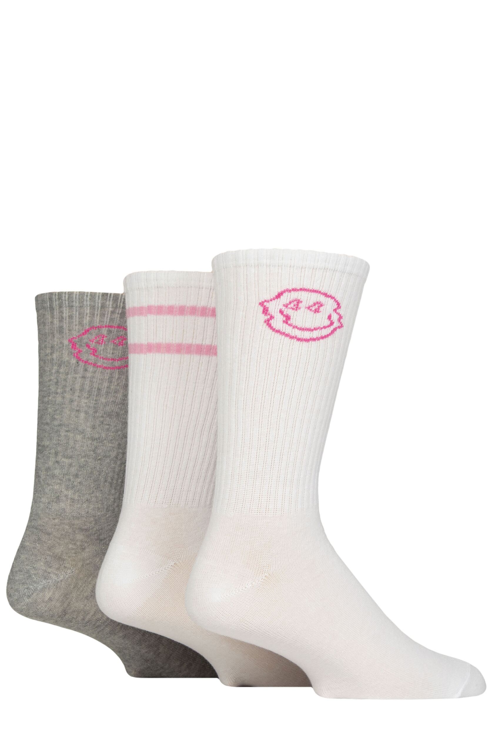 Image of Mens 3 Pair SOCKSHOP Wildfeet Cotton Rich Sports Socks White / Grey Smile 7-11