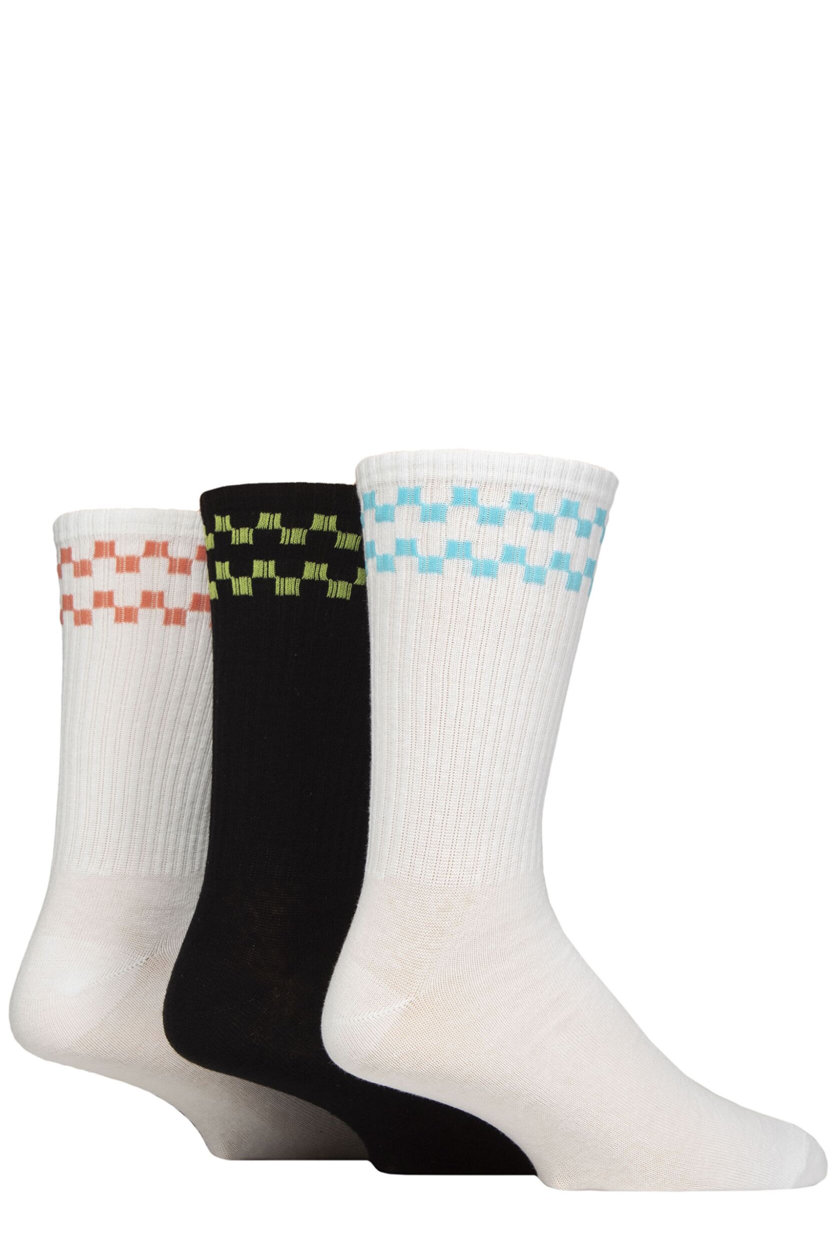 Mens 3 Pair SOCKSHOP Wildfeet Cotton Rich Sports Socks White / Black Checkers 7-11