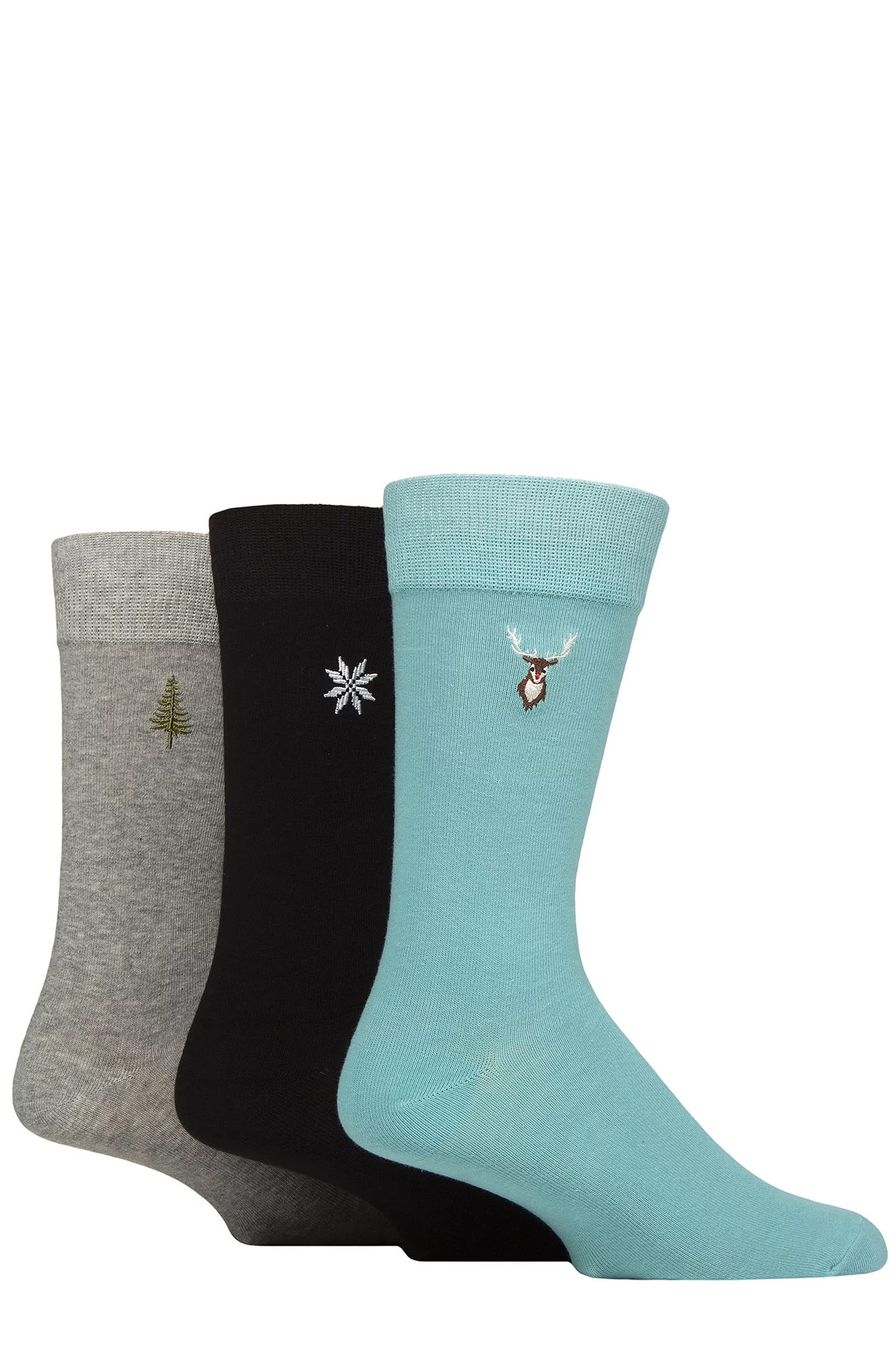 Mens 3 Pair SOCKSHOP Wildfeet Embroidered Socks Deer / Snow / Tree 7-11 Mens