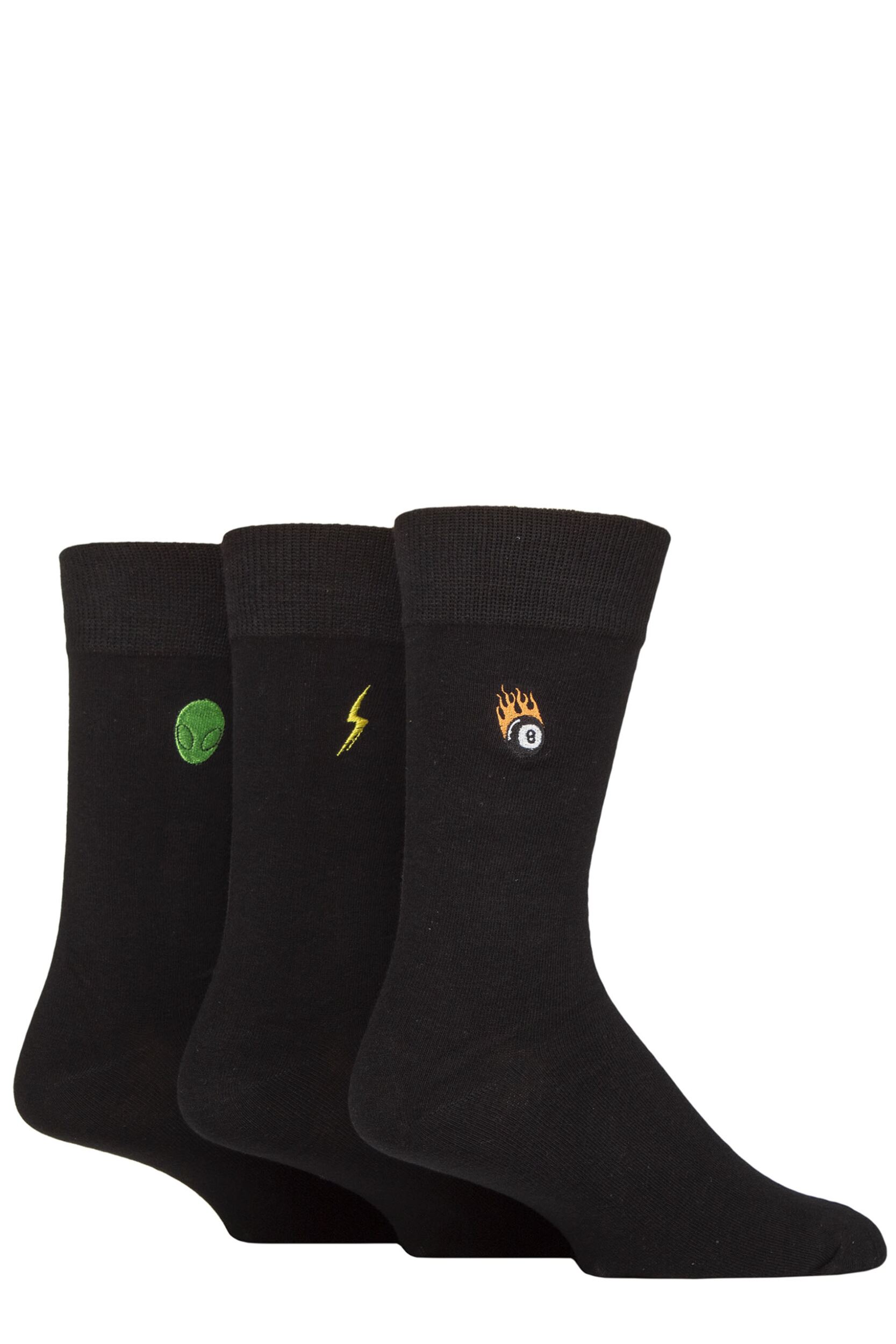 Image of Mens 3 Pair SOCKSHOP Wildfeet Embroidered Socks 8 Ball / Lightning / Alien 7-11 Mens