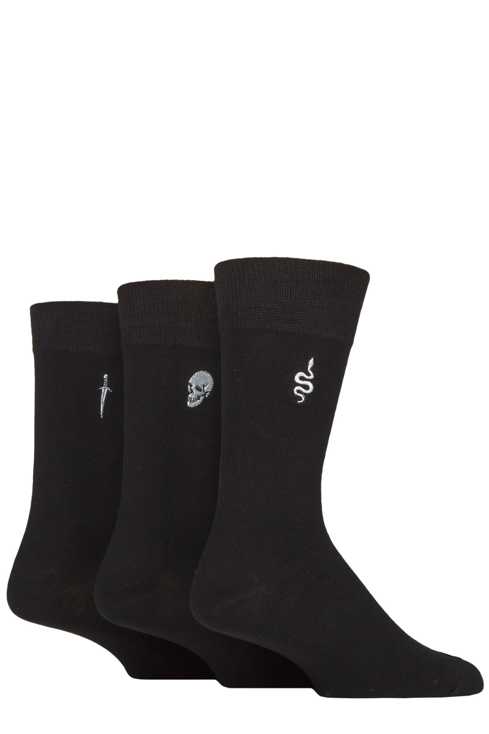 Image of Mens 3 Pair SOCKSHOP Wildfeet Embroidered Socks Snake / Skull / Dagger 7-11 Mens