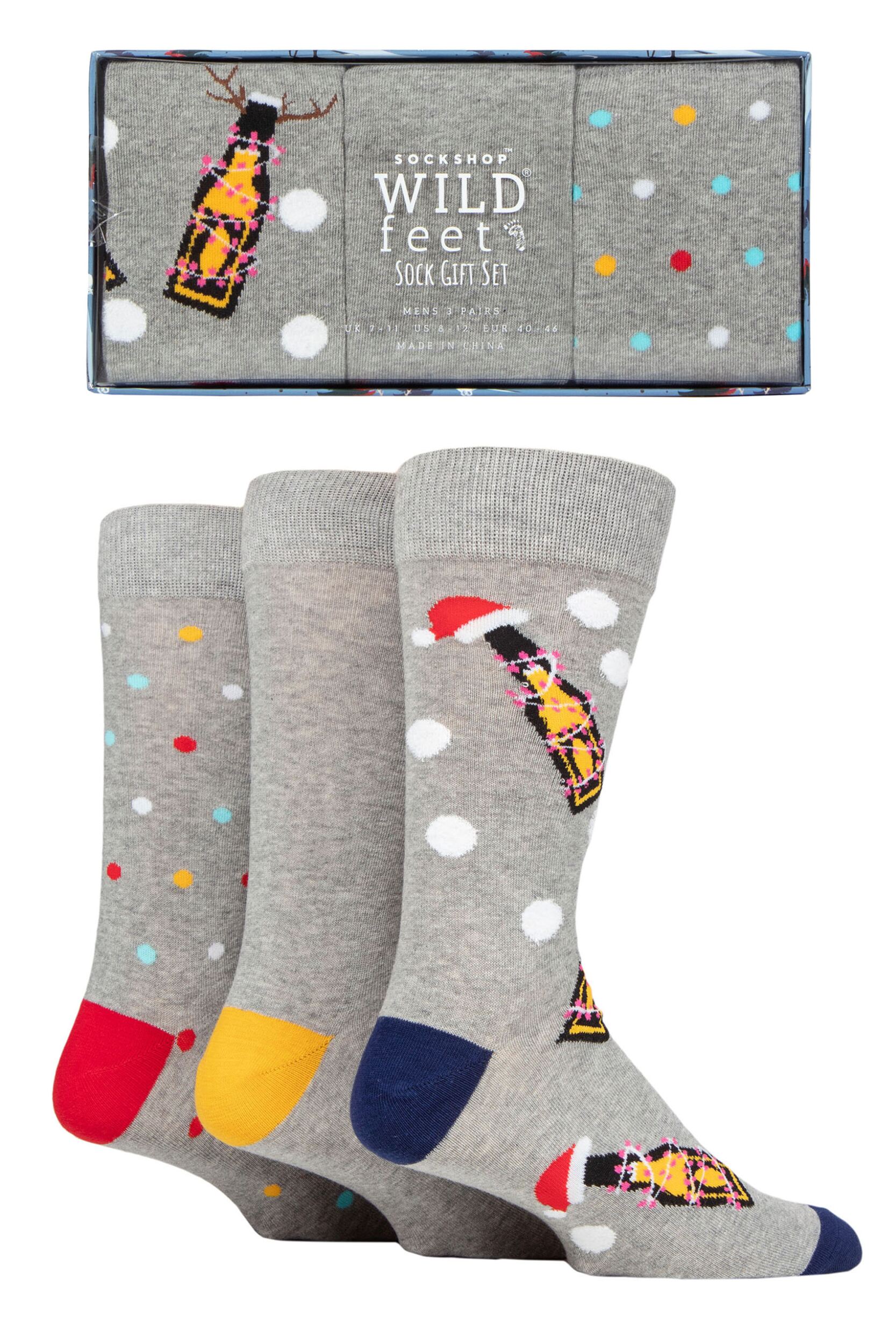 Mens 3 Pair SOCKSHOP Wildfeet Christmas Flat Gift Boxed Socks Bottle 7-11