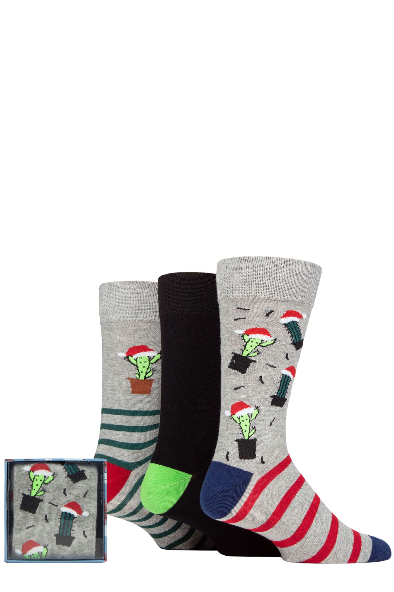 Mens 3 Pair SOCKSHOP Wildfeet Winter Wonderland Christmas Cube Gift Boxed Socks Cacti 7-11 Mens