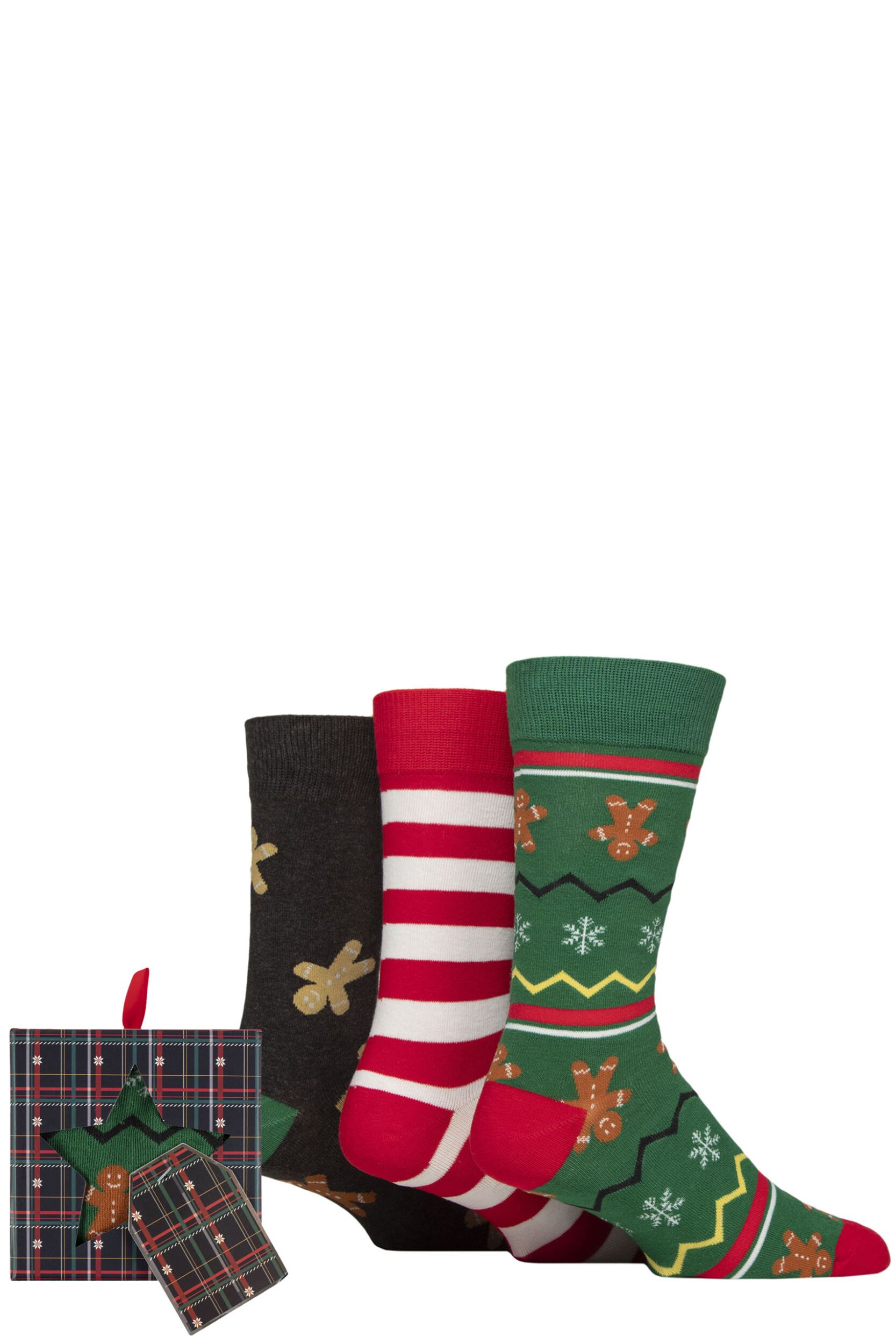 Mens 3 Pair SOCKSHOP Wildfeet Cotton Christmas Socks in Tartan Gift Box Gingerbread Men 7-11 Mens