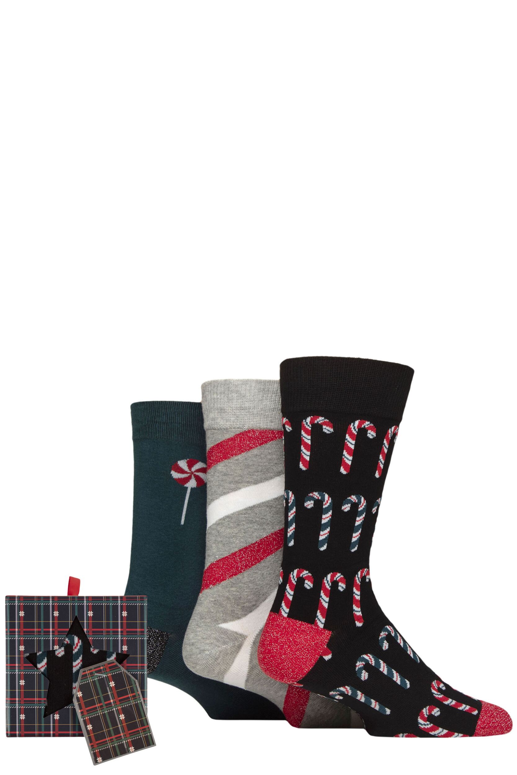 Mens 3 Pair SOCKSHOP Wildfeet Cotton Christmas Socks in Tartan Gift Box Candy Canes 7-11 Mens