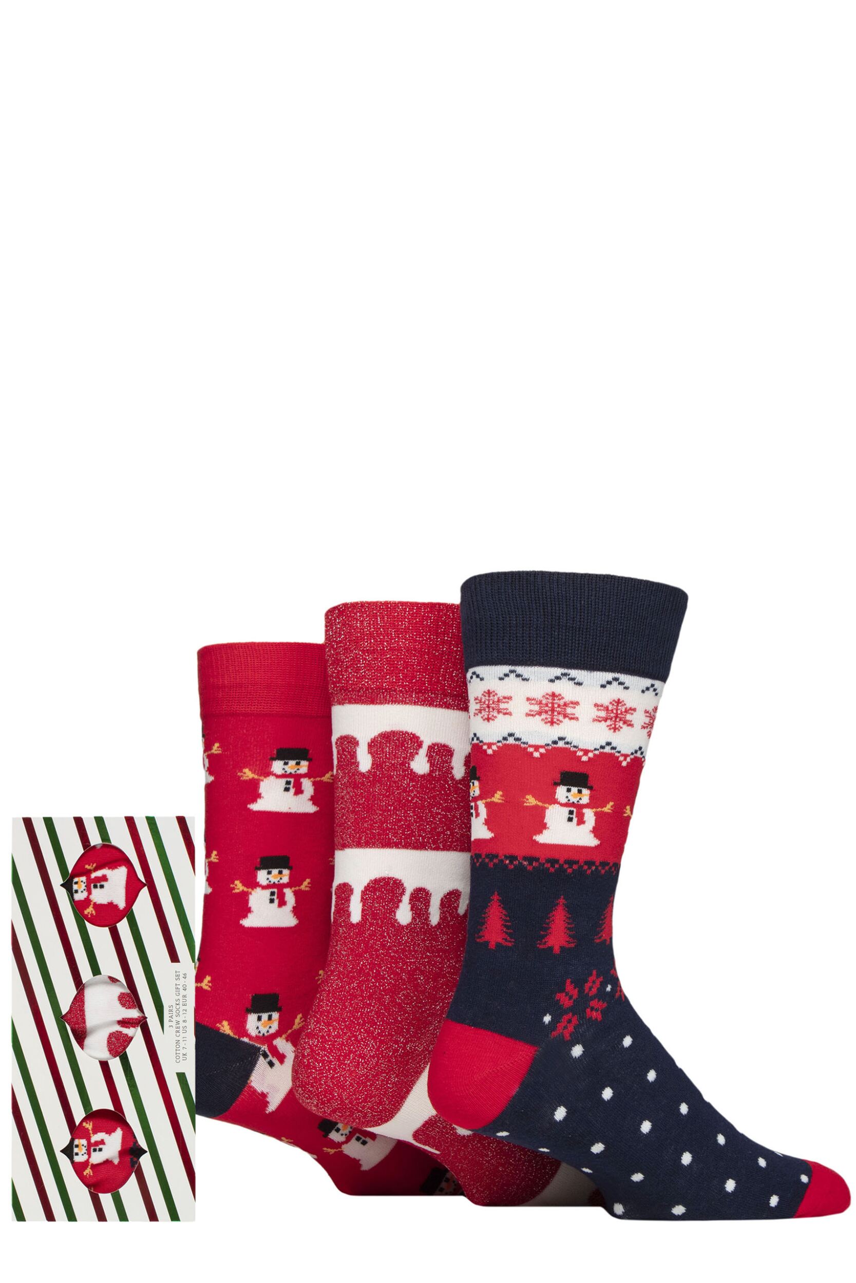 Mens 3 Pair SOCKSHOP Wildfeet Cotton Christmas Socks in Candy Cane Gift Box Snowmen 7-11 Mens