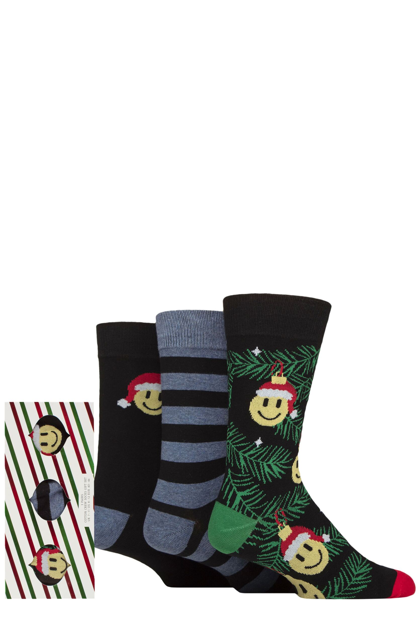 Mens 3 Pair SOCKSHOP Wildfeet Cotton Christmas Socks in Candy Cane Gift Box Smiley Face Baubles 7-11 Mens