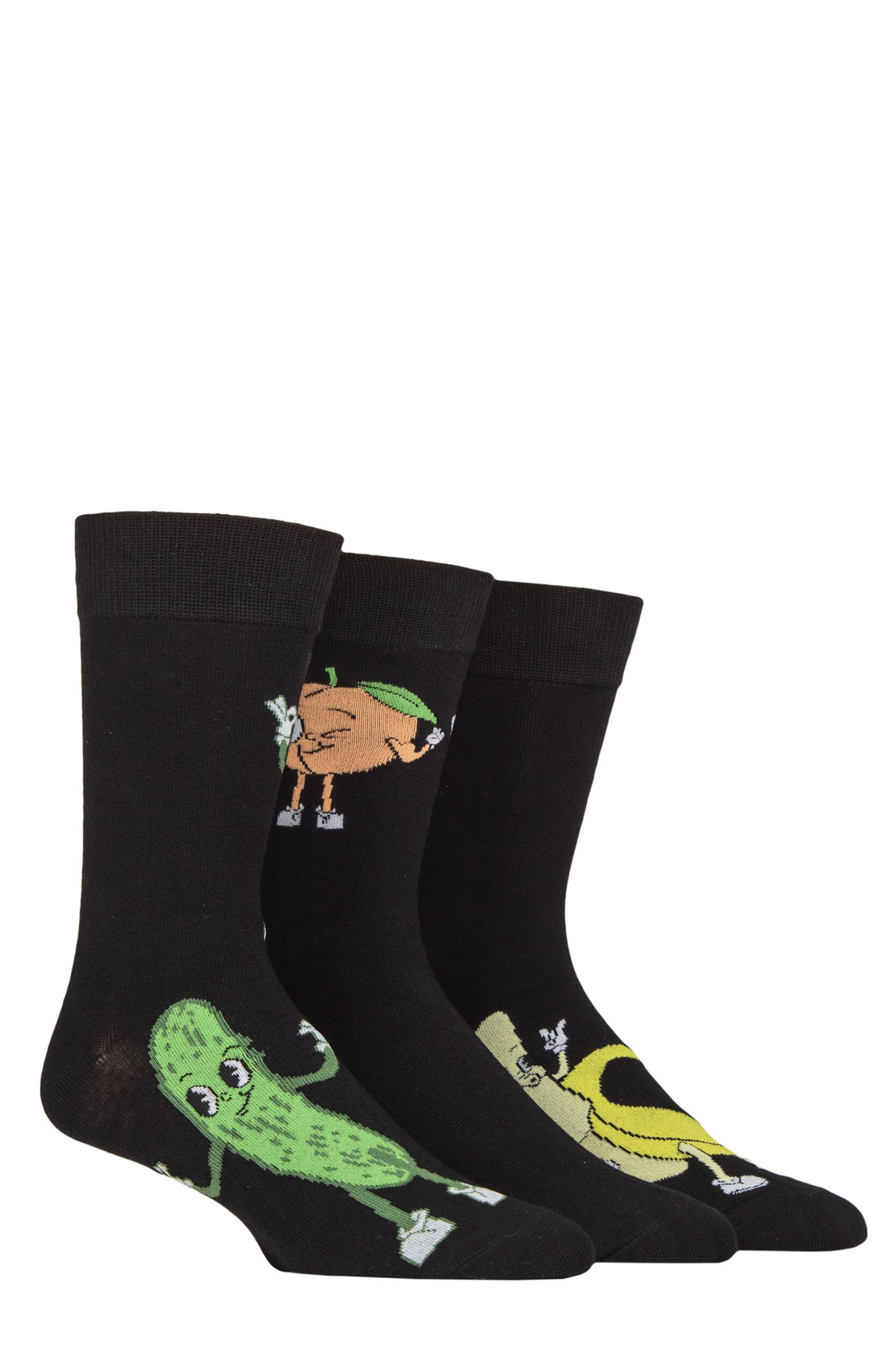 Image of Mens 3 Pair Wildfeet Novelty Patterned Cotton Socks Pickle / Peach / Banana 7-11