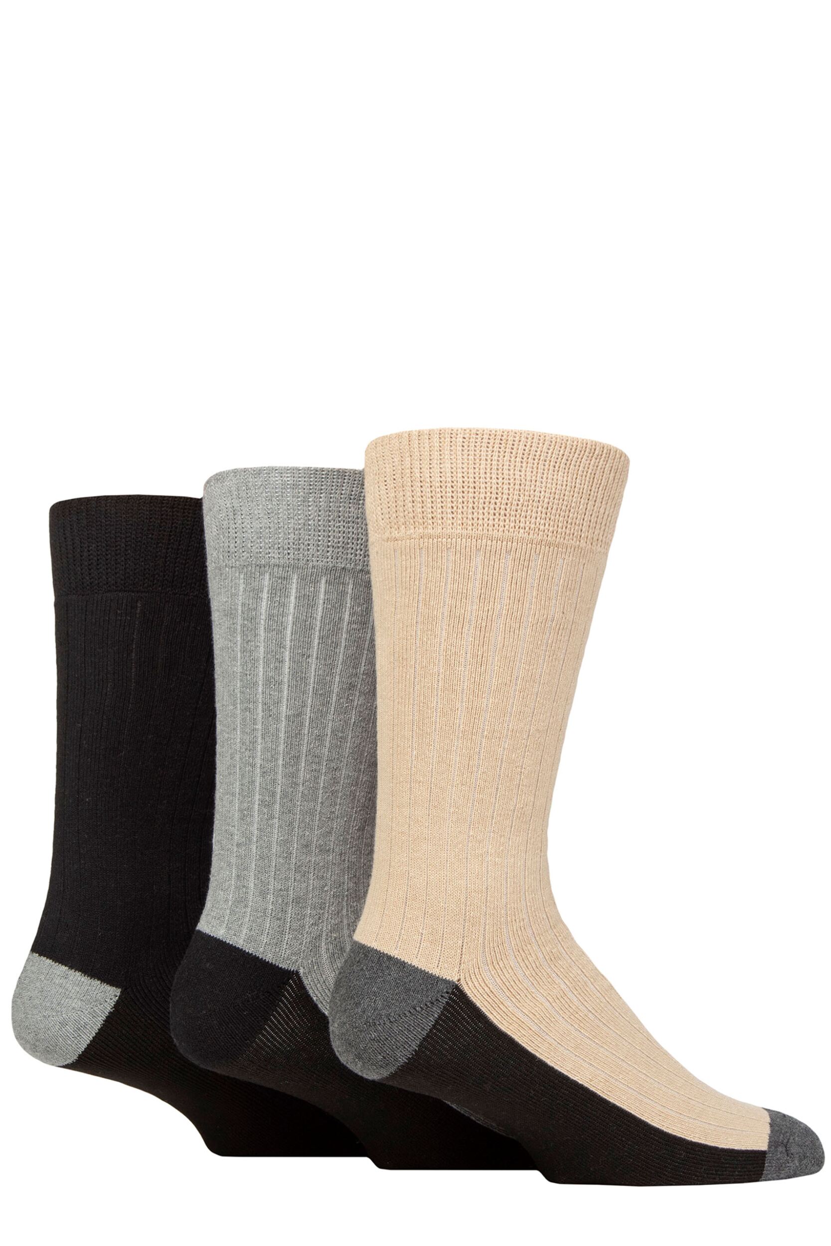 Mens 3 Pair SOCKSHOP Wildfeet Recycled Cotton Boot Socks Black / Charcoal / Beige 7-11 Mens