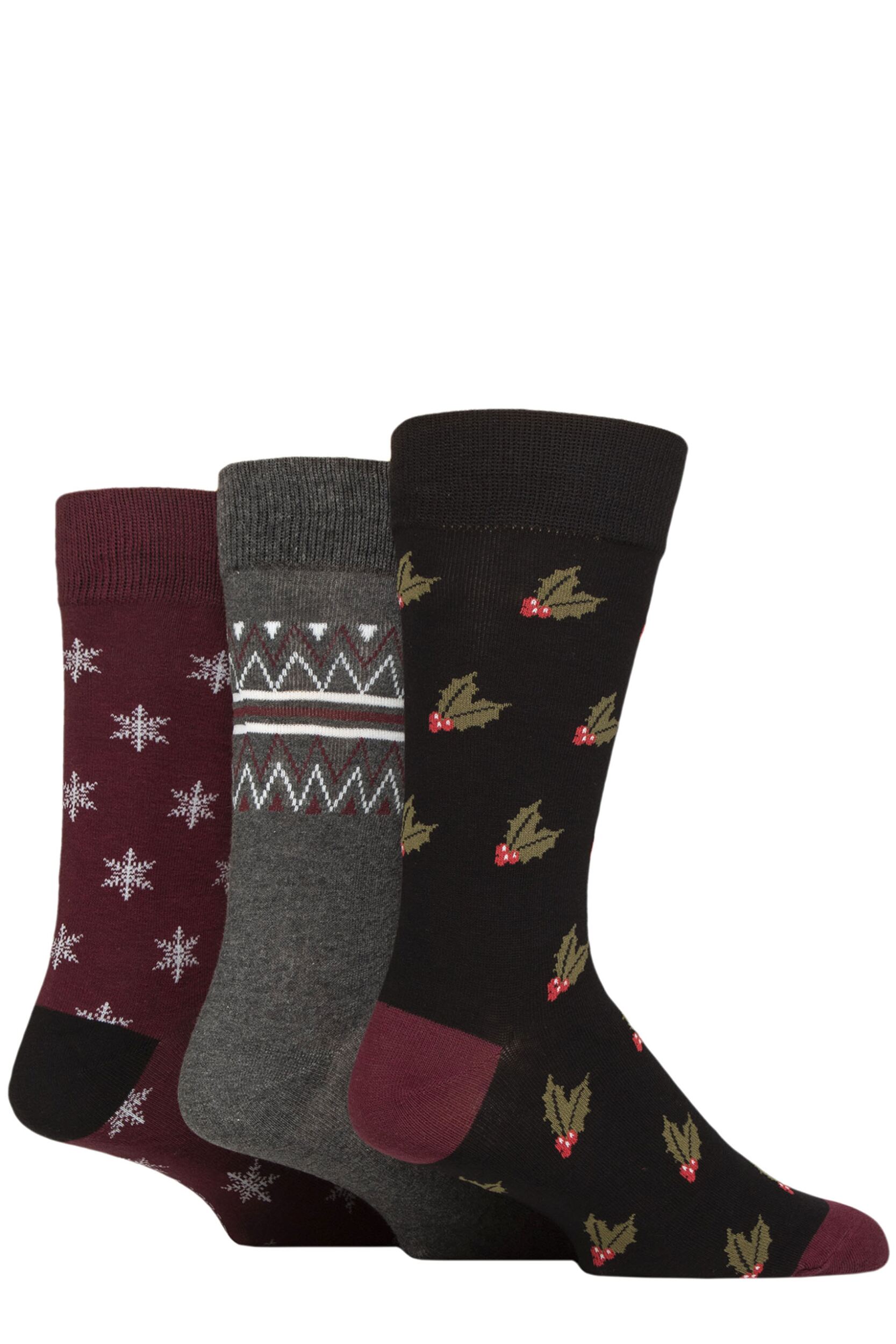 Mens 3 Pair SOCKSHOP Wildfeet Cotton Christmas Gift Socks Holly and Berries 7-11