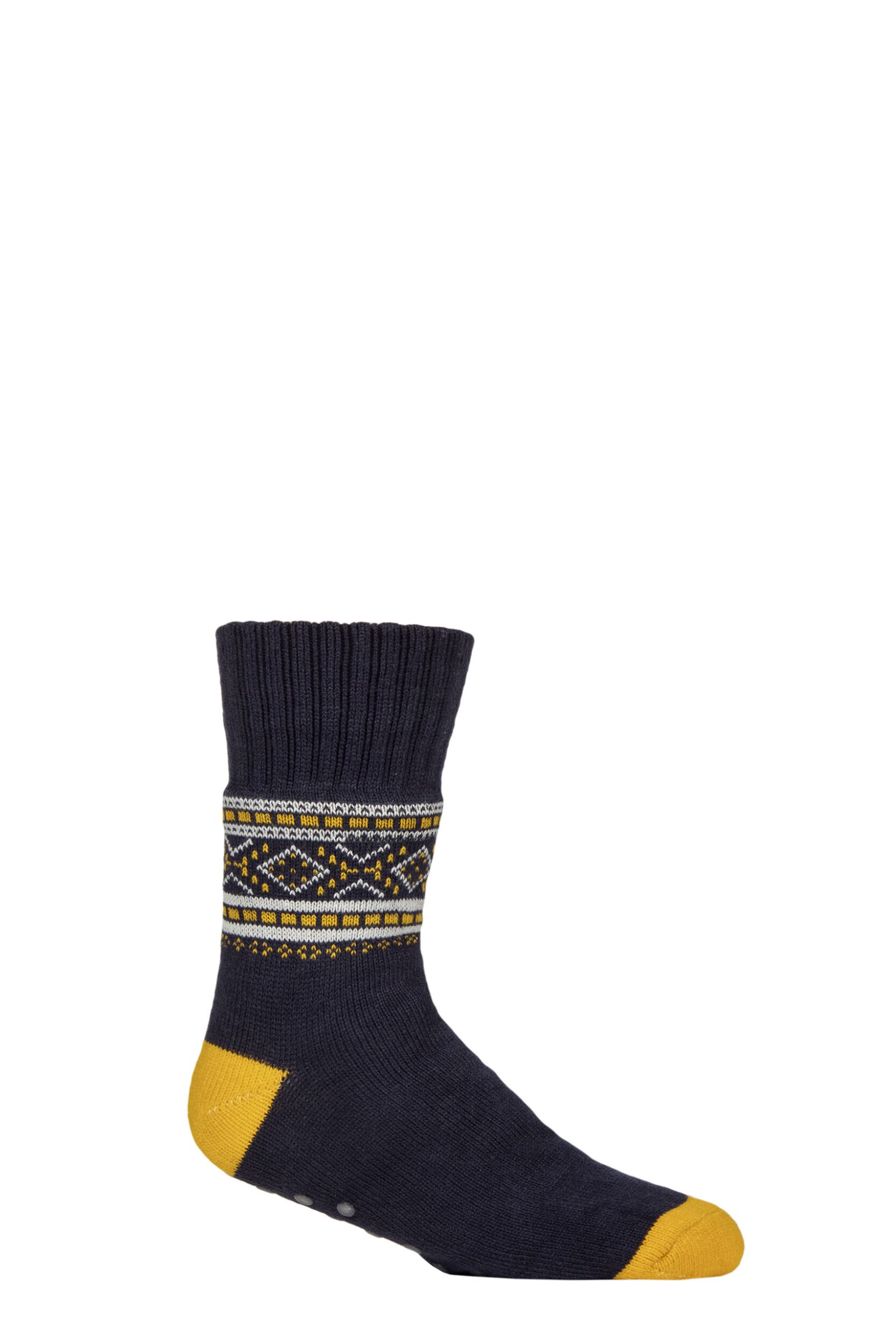 Mens 1 Pair SOCKSHOP Wildfeet Patterned Slipper Socks Navy / Yellow 7-11 Mens