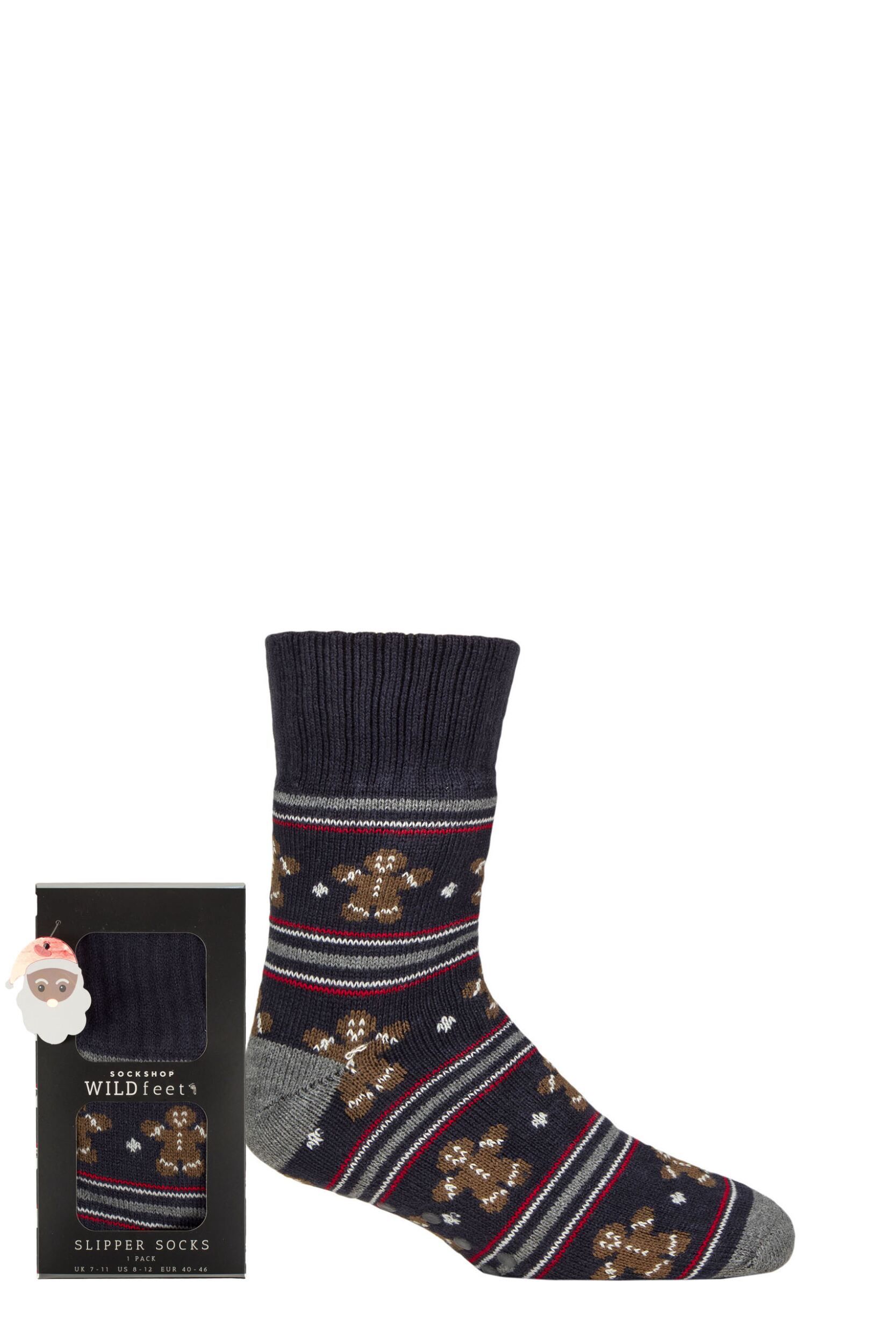 Mens 1 Pair SOCKSHOP Wildfeet Christmas Slipper Socks in Santa Patterned Gift Box Gingerbread Man 7-11 Mens