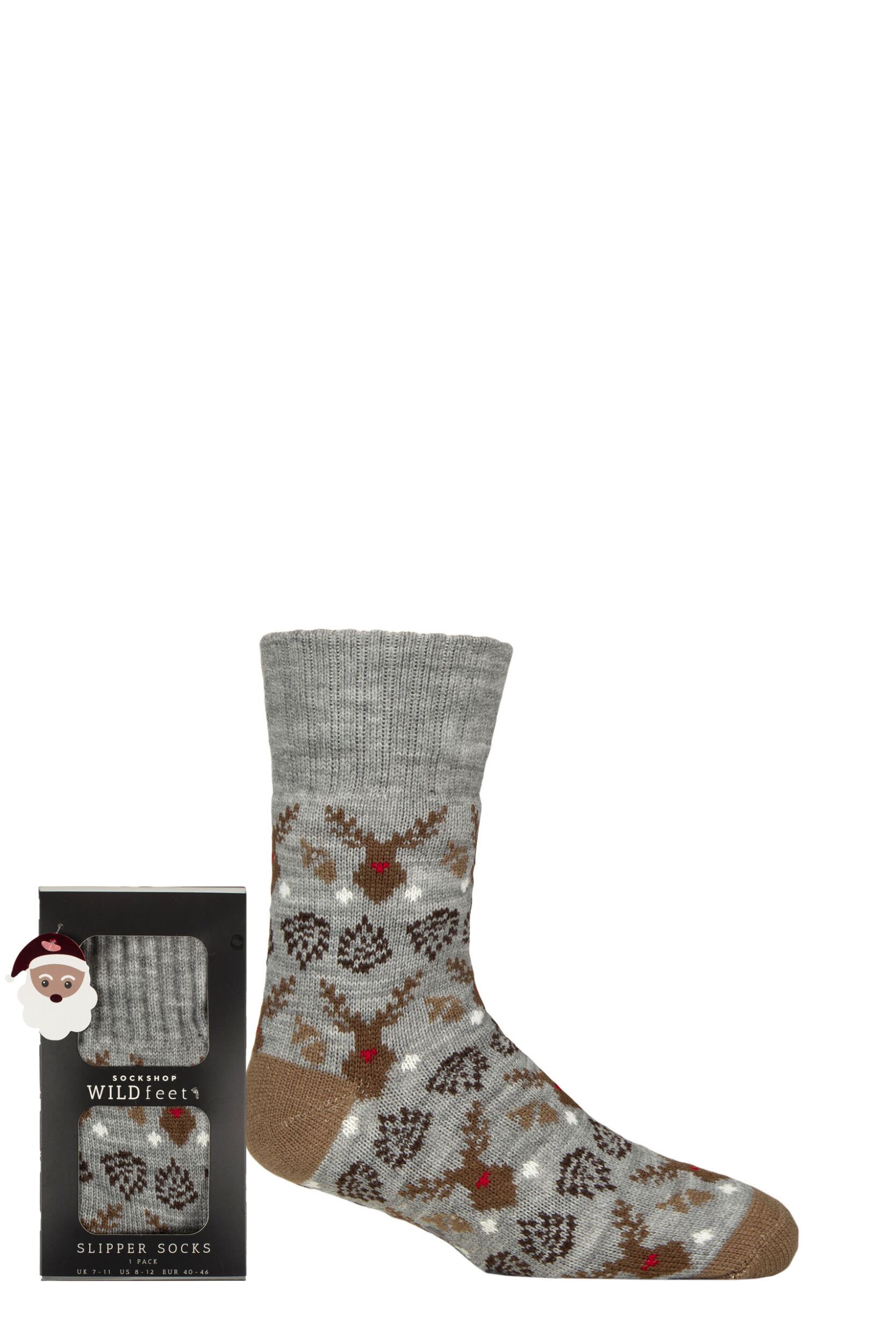 Mens 1 Pair SOCKSHOP Wildfeet Christmas Slipper Socks in Santa Patterned Gift Box Reindeer 7-11 Mens