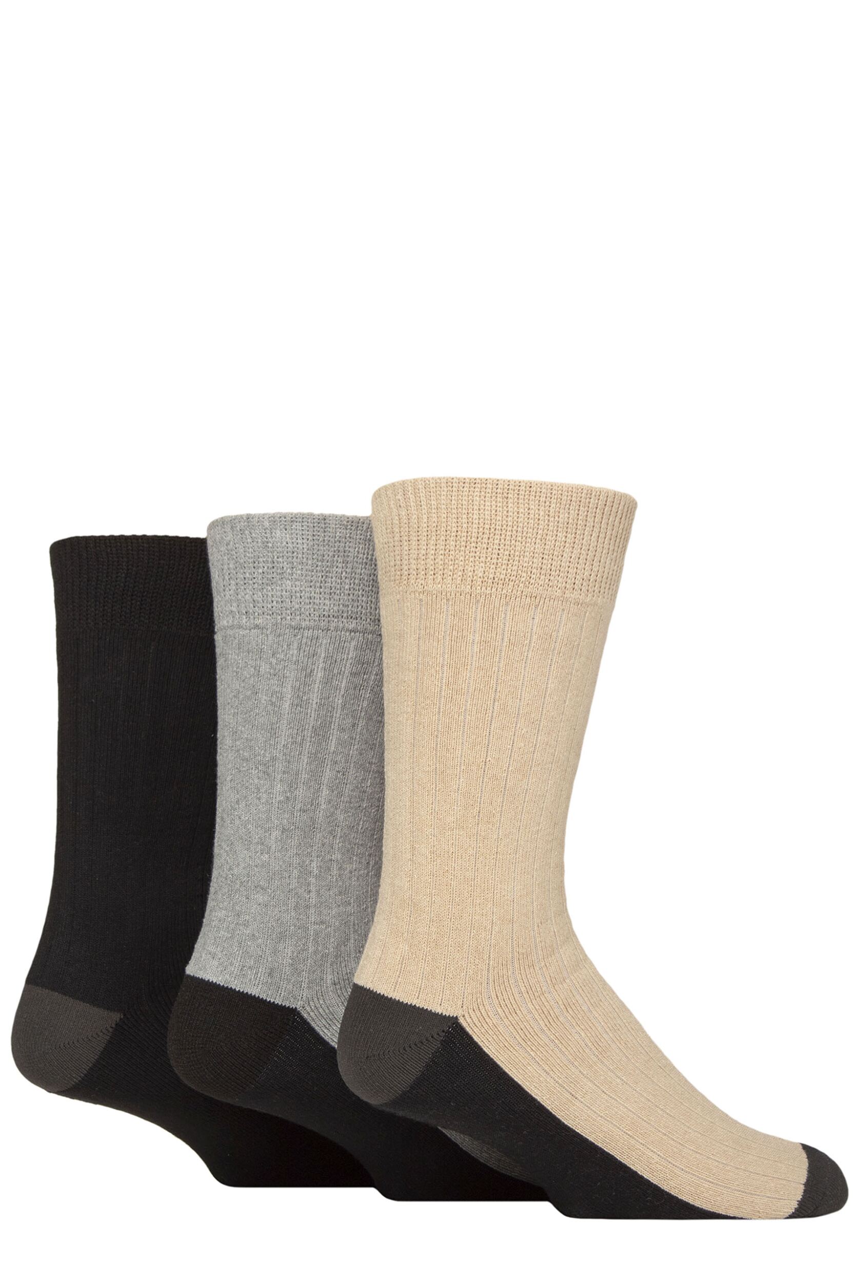 Mens 3 Pair SOCKSHOP Wildfeet Recycled Cotton Boot Socks Jet Black / Charcoal / Beige 7-11