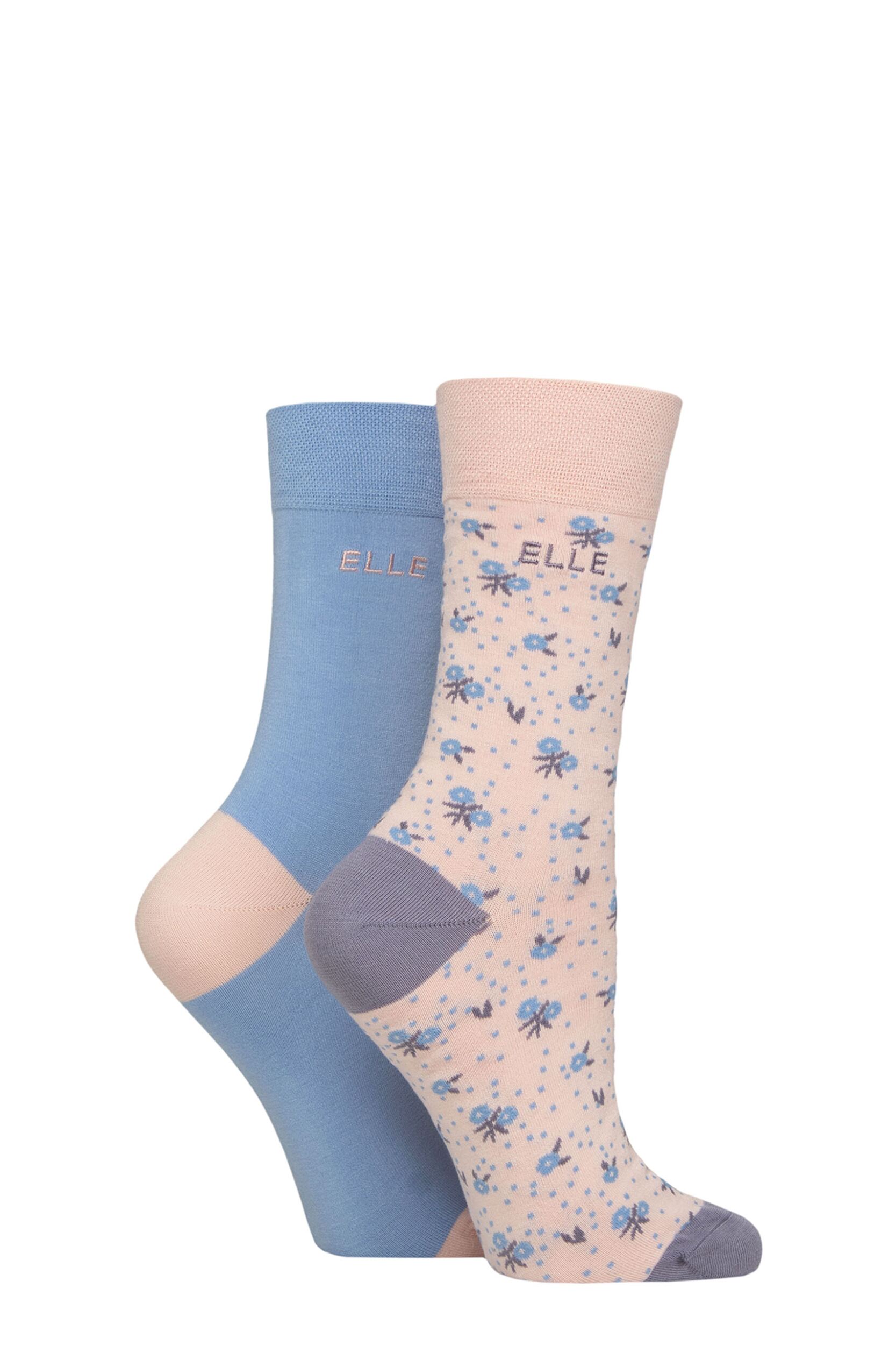 Image of Women's 2 Pair Elle Bamboo Patterned and Plain Socks Parisian Rose 4-8