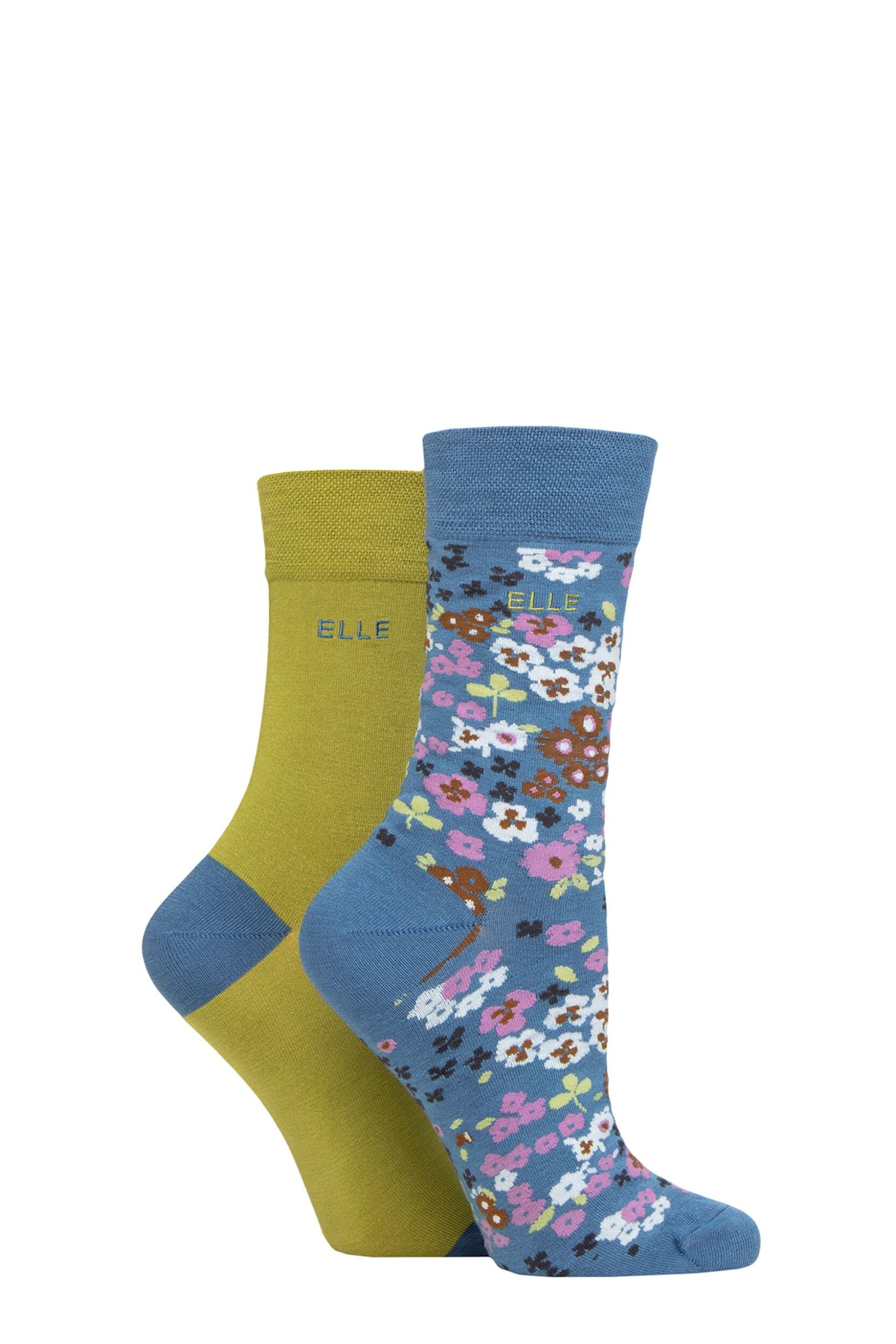 Women's 2 Pair Elle Bamboo Patterned and Plain Socks Moonlight Blue 4-8