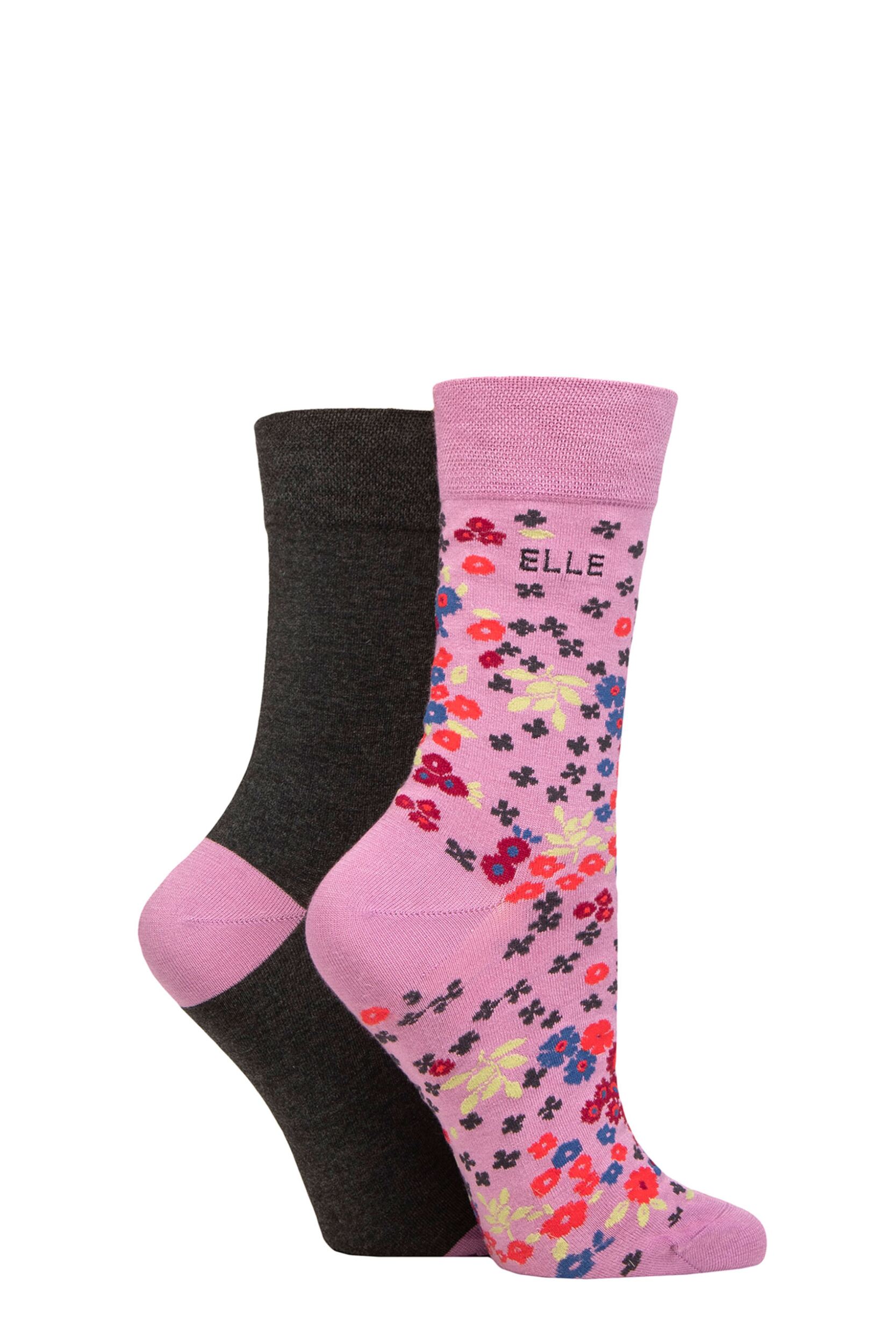 Women's 2 Pair Elle Bamboo Patterned and Plain Socks Smokey Pink 4-8