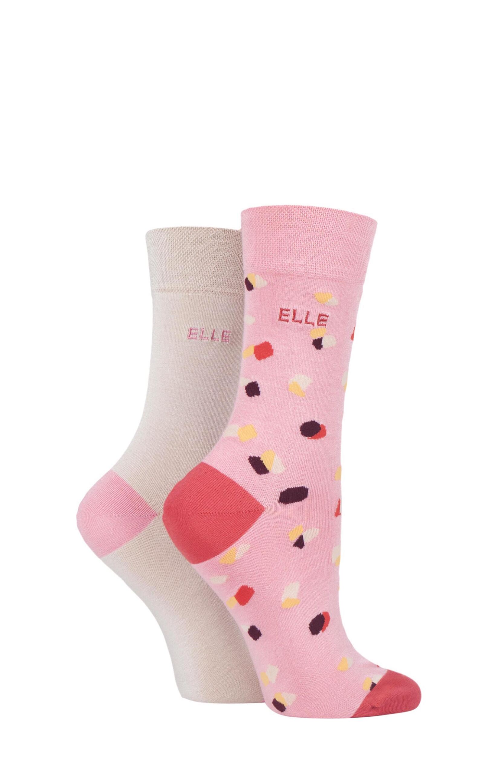 2 Pair Sunset Sands Bamboo Patterned and Plain Socks Ladies 4-8 Ladies - Elle