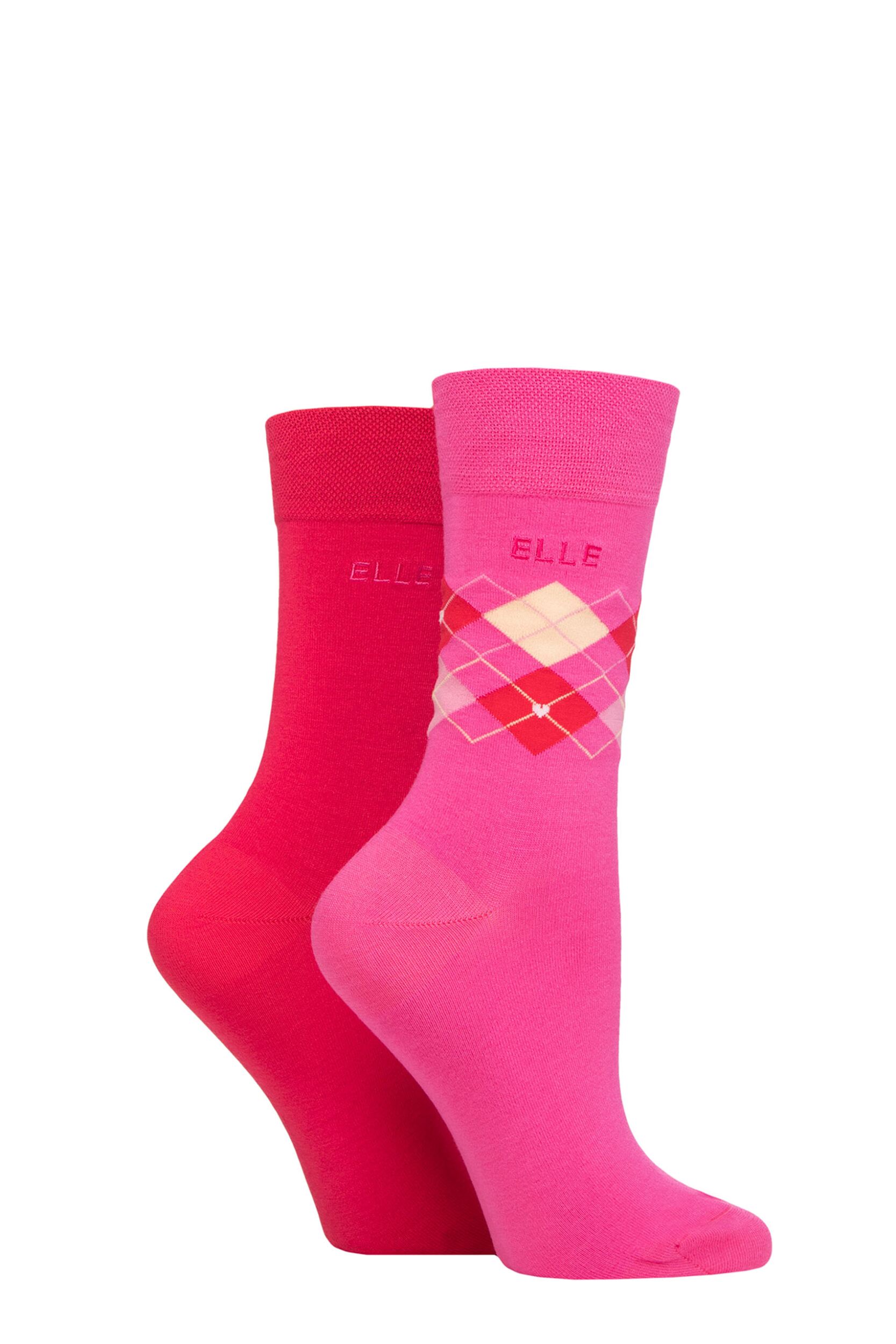 Image of Women's 2 Pair Elle Bamboo Patterned and Plain Socks Cherry Fizz 4-8
