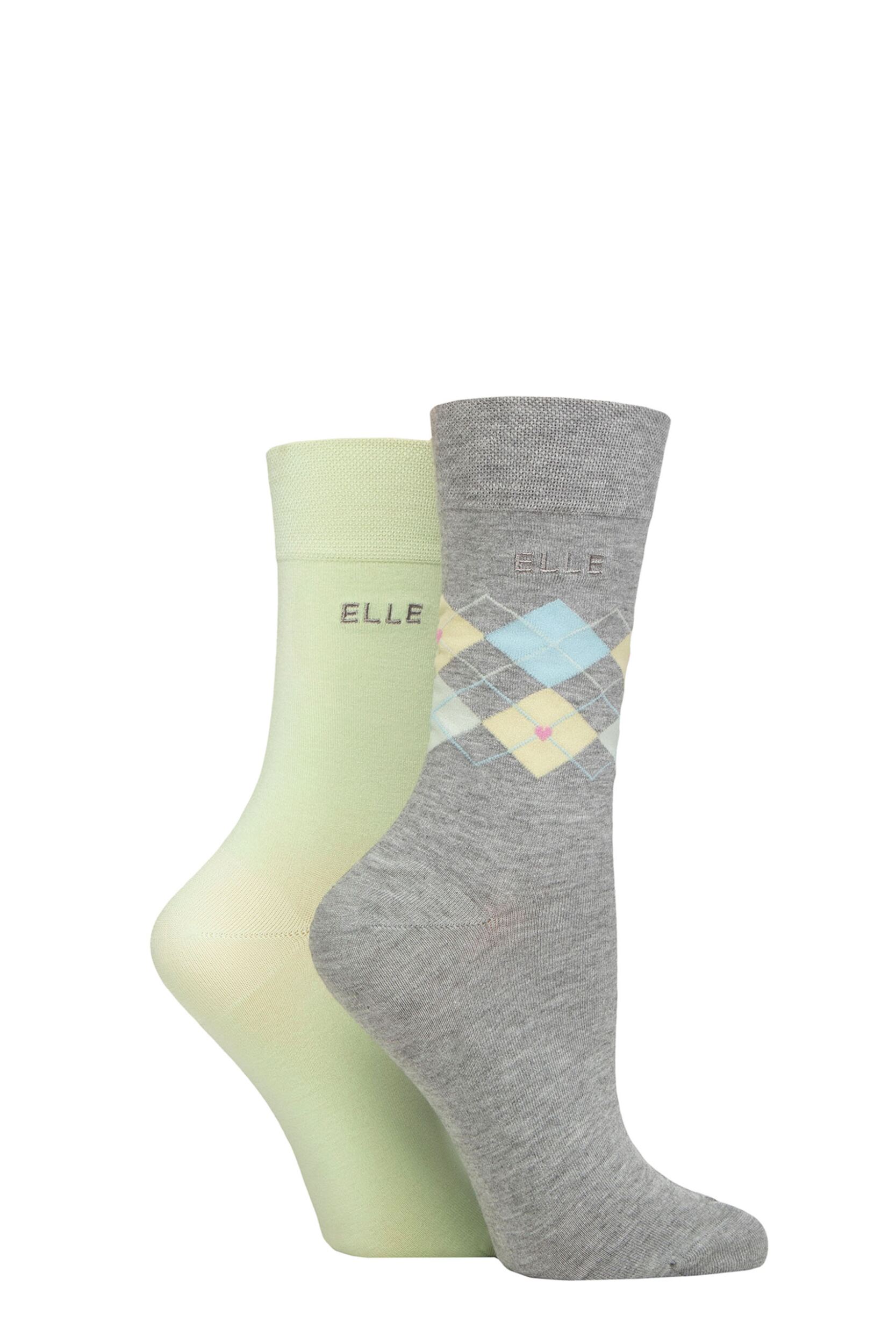Image of Women's 2 Pair Elle Bamboo Patterned and Plain Socks Keylime Pie 4-8