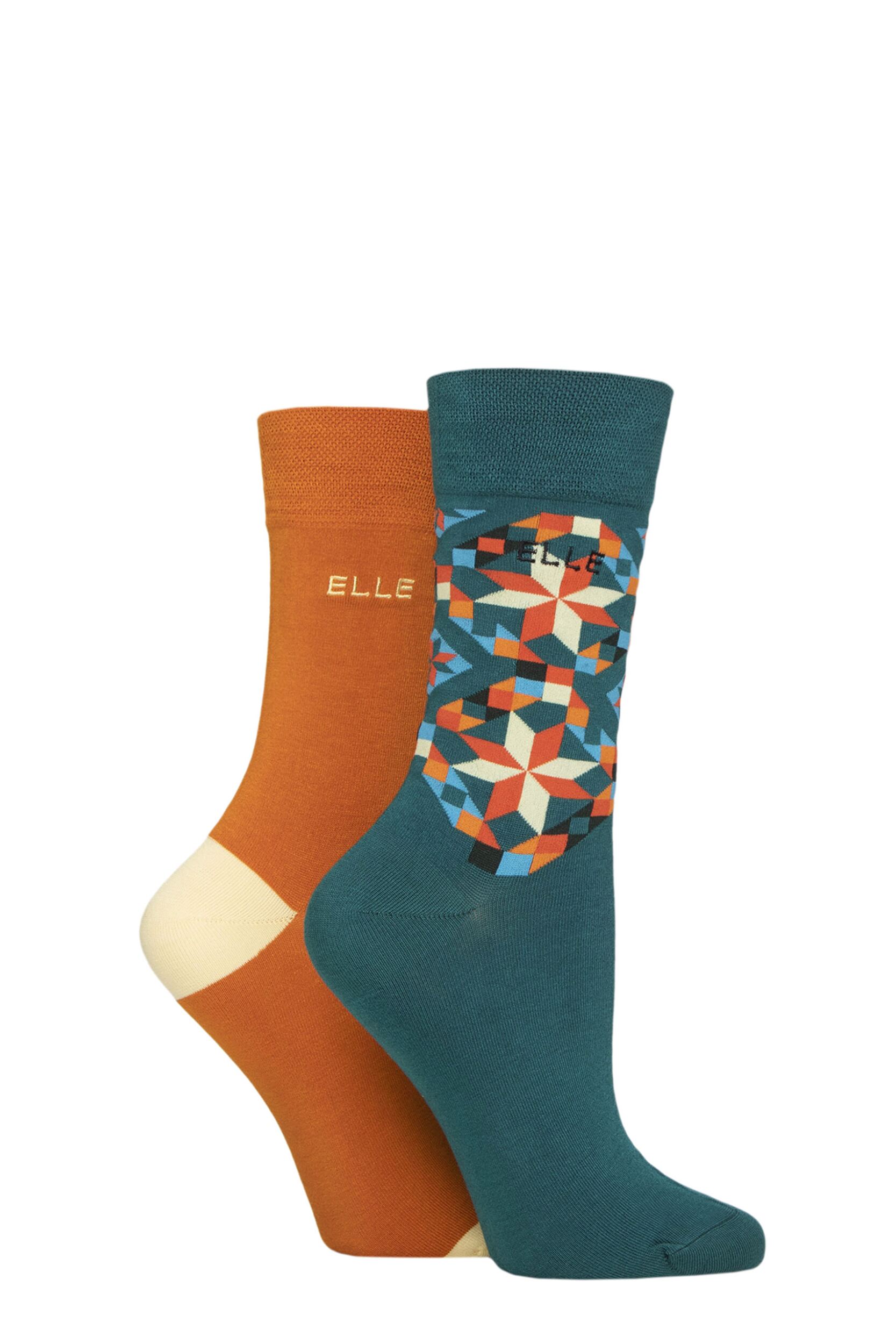 Image of Women's 2 Pair Elle Bamboo Patterned and Plain Socks Marmalade 4-8