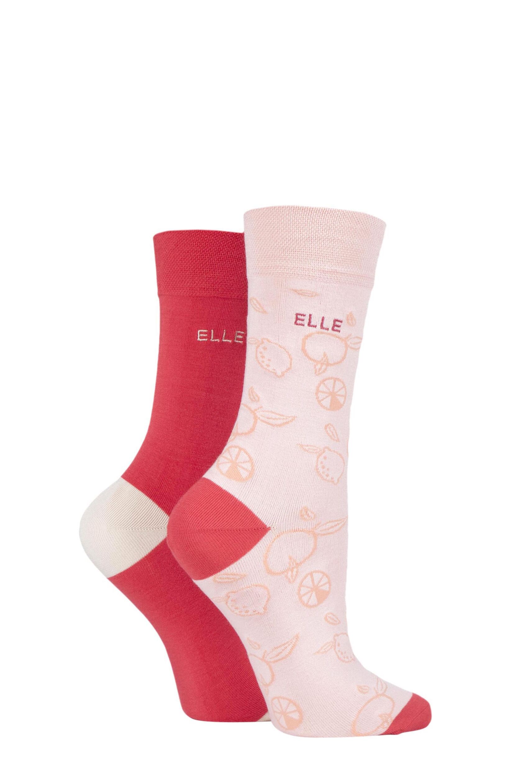 Image of 2 Pair Strawberry Sorbet Bamboo Patterned and Plain Socks Ladies 4-8 Ladies - Elle