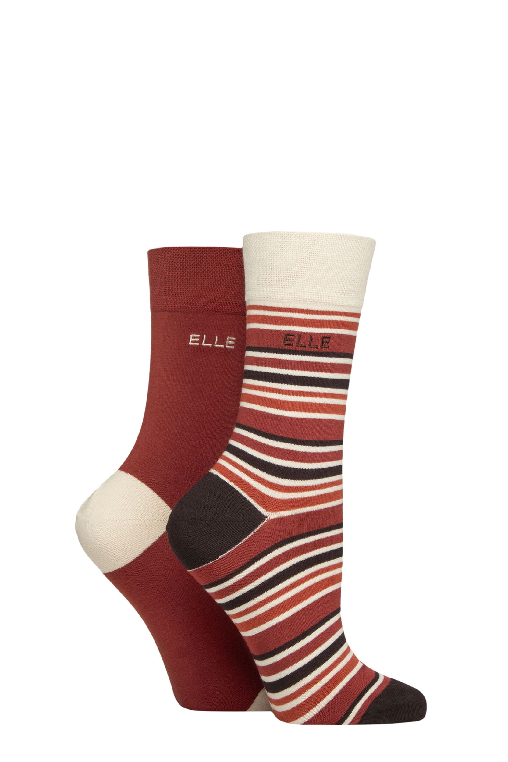Image of Women's 2 Pair Elle Bamboo Striped and Plain Socks Wild Poppy 4-8