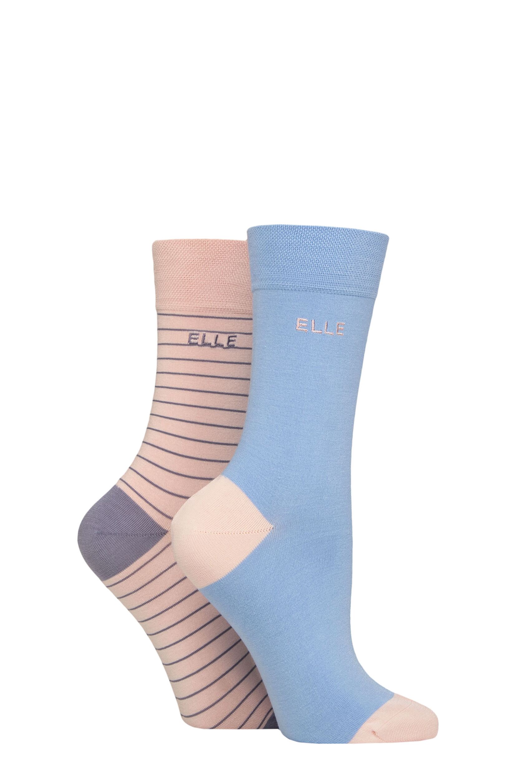 Image of Women's 2 Pair Elle Bamboo Striped and Plain Socks Parisian Rose 4-8