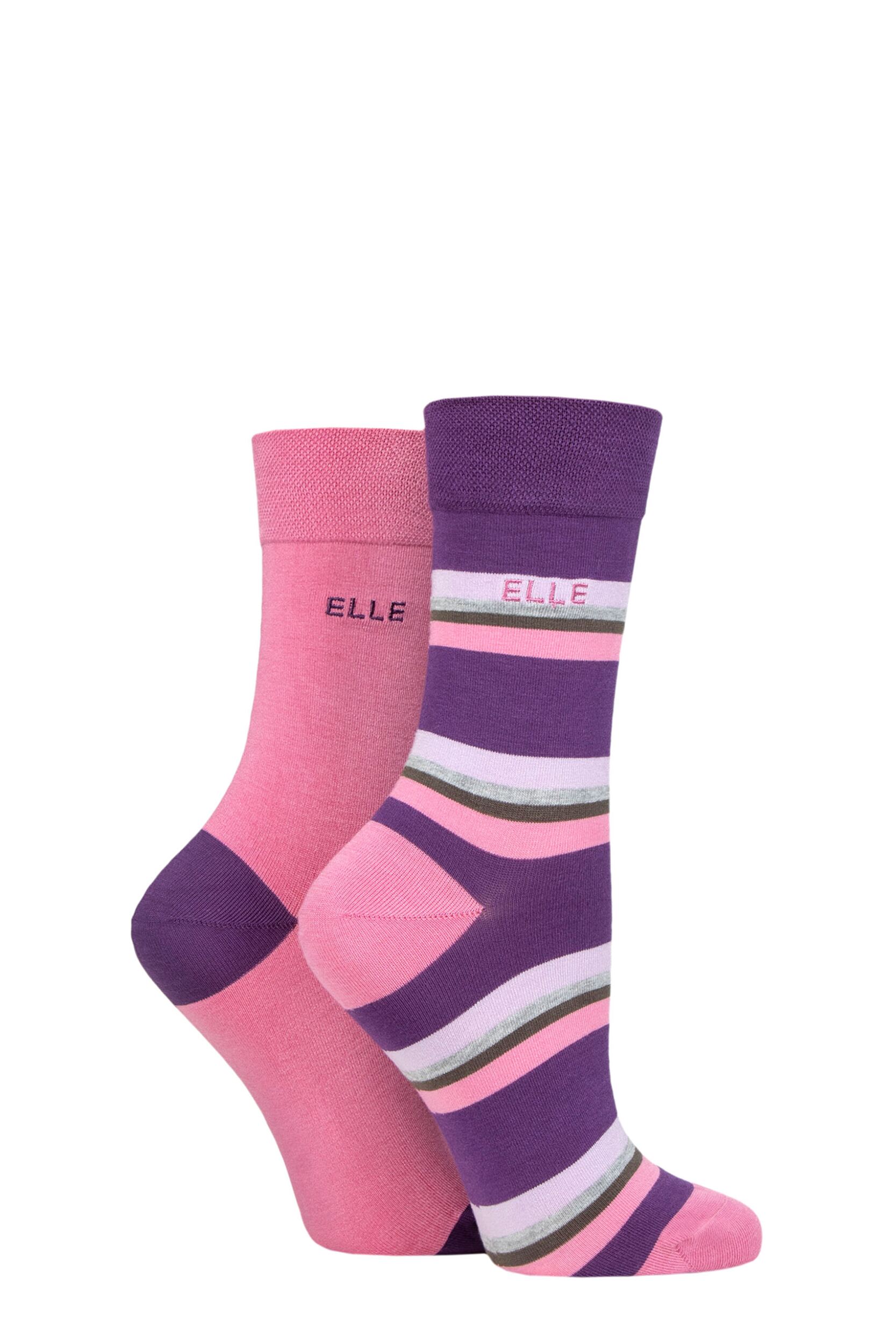 Women's 2 Pair Elle Bamboo Striped and Plain Socks Wild Rose 4-8 Ladies